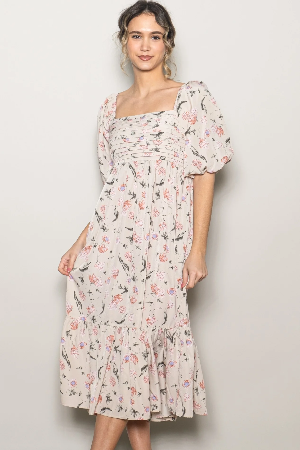 Cream Floral Pleated Bodice 3/4 Sleeve Maternity Midi Dress - Image 5