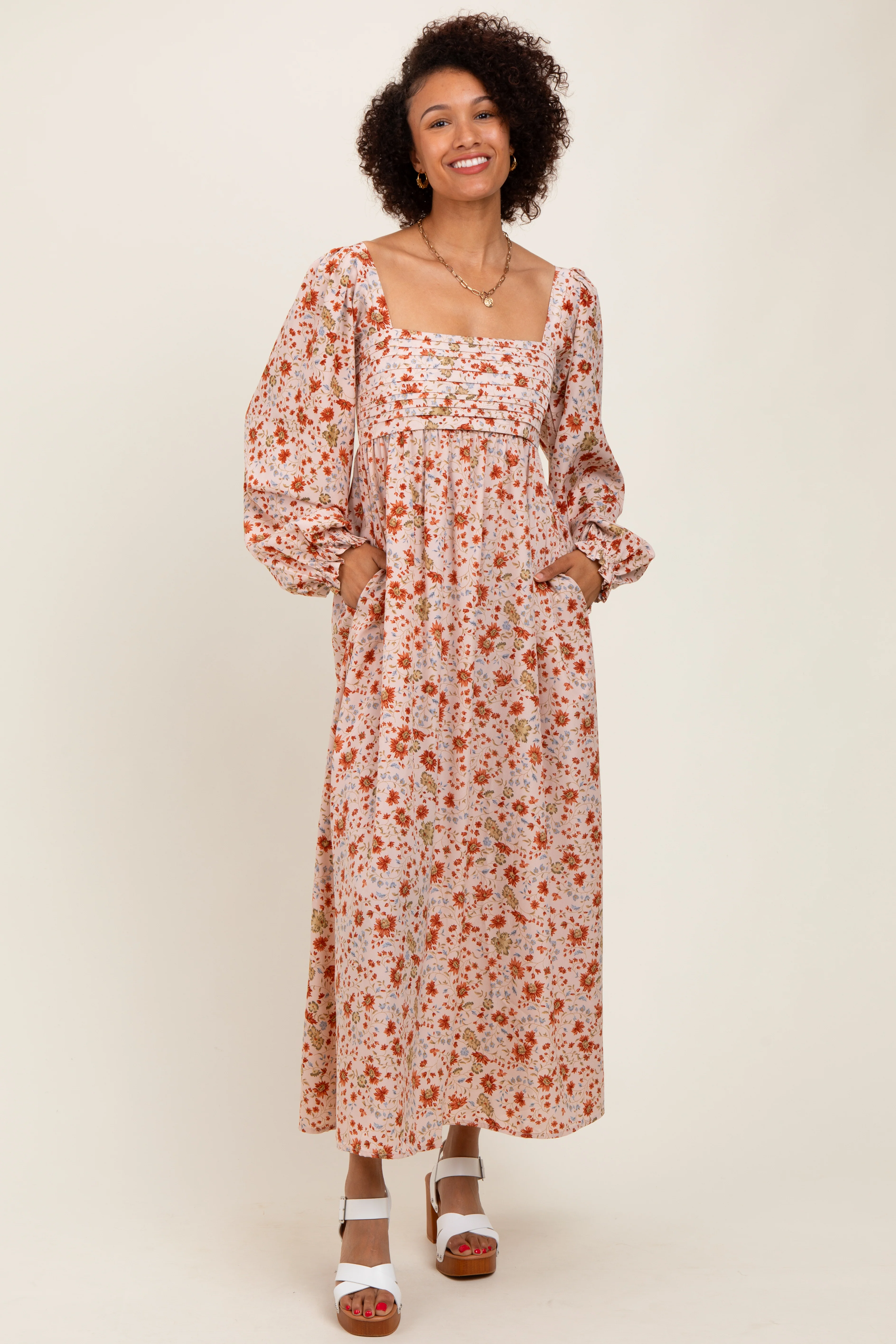 Cream Floral Pleated Bust Long Sleeve Maternity Maxi Dress - Image 4