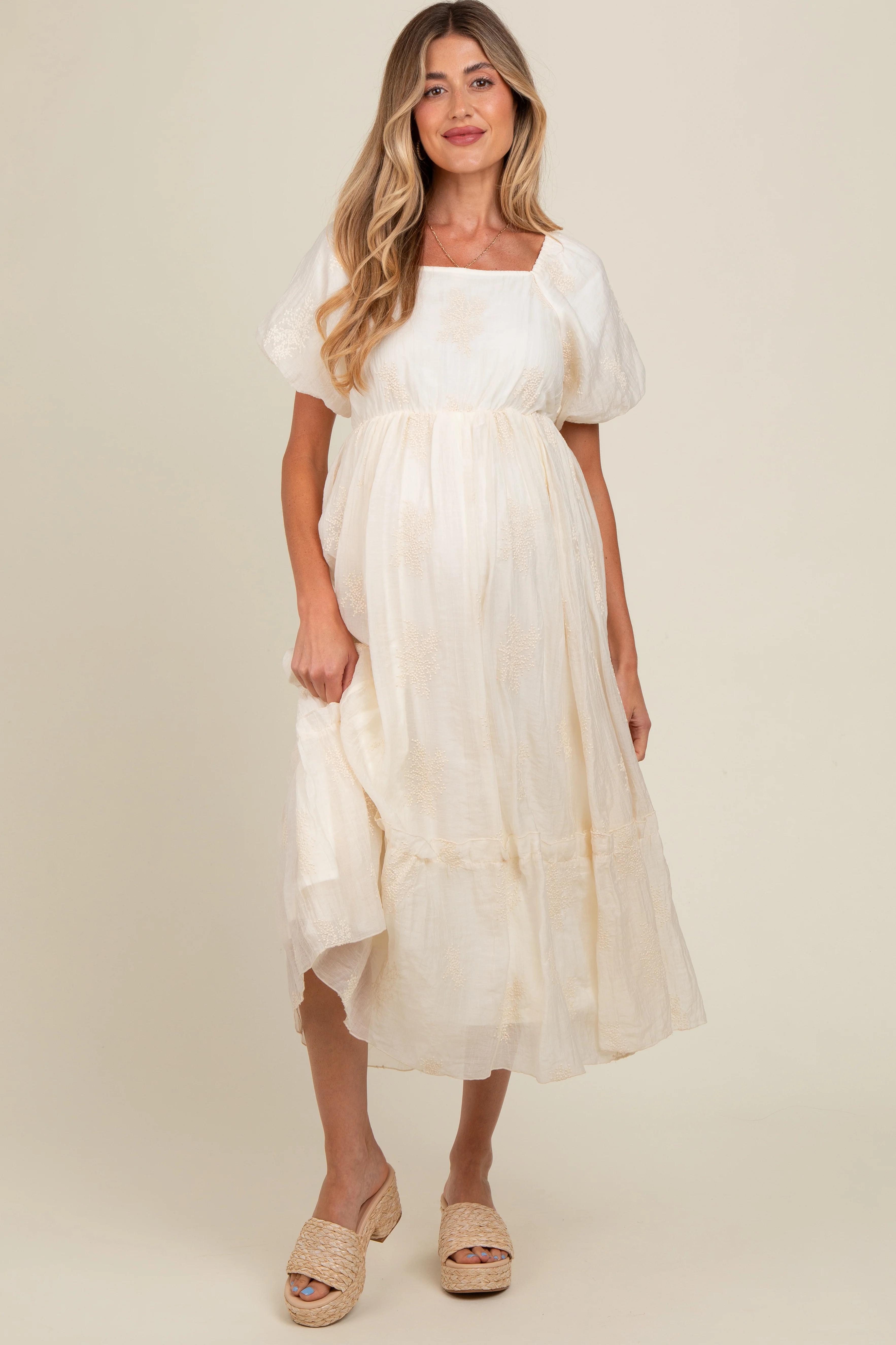 Cream Floral Print Ruffle Hem Maternity Midi Dress - Image 3