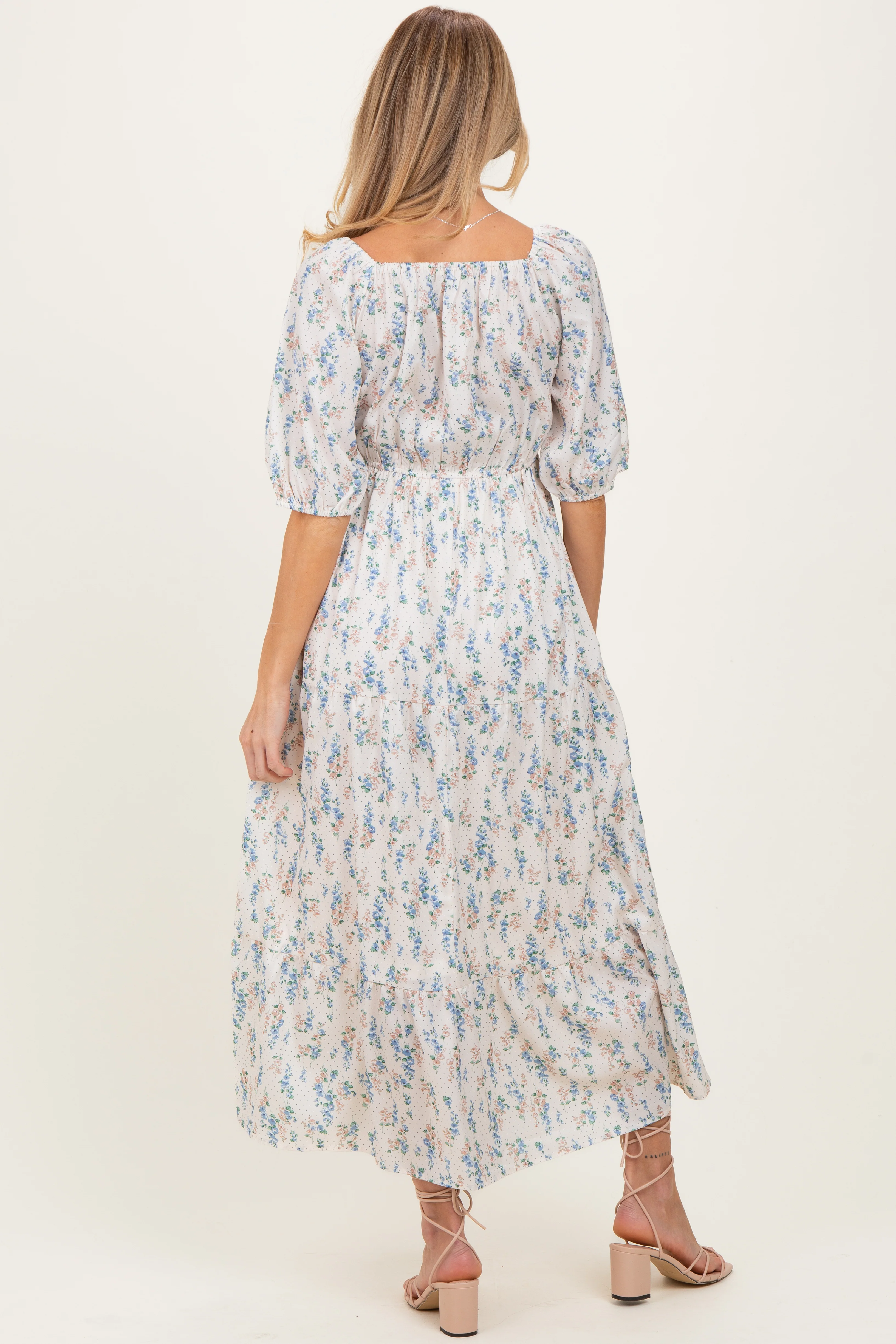 Cream Floral Puff Sleeve Tiered Maternity Maxi Dress - Image 4