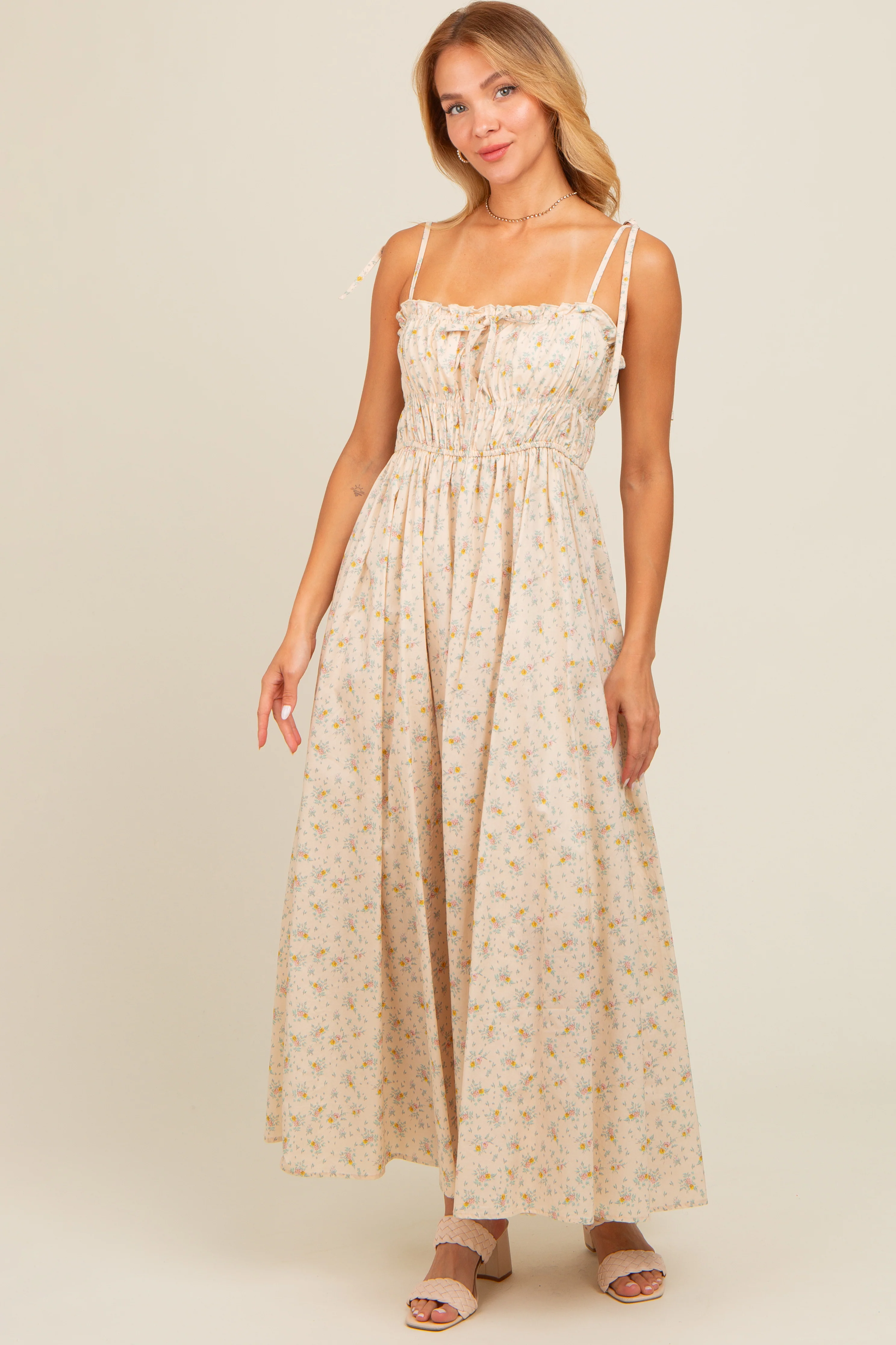 Cream Floral Ruched Bust Shoulder Tie Maxi Dress - Image 2