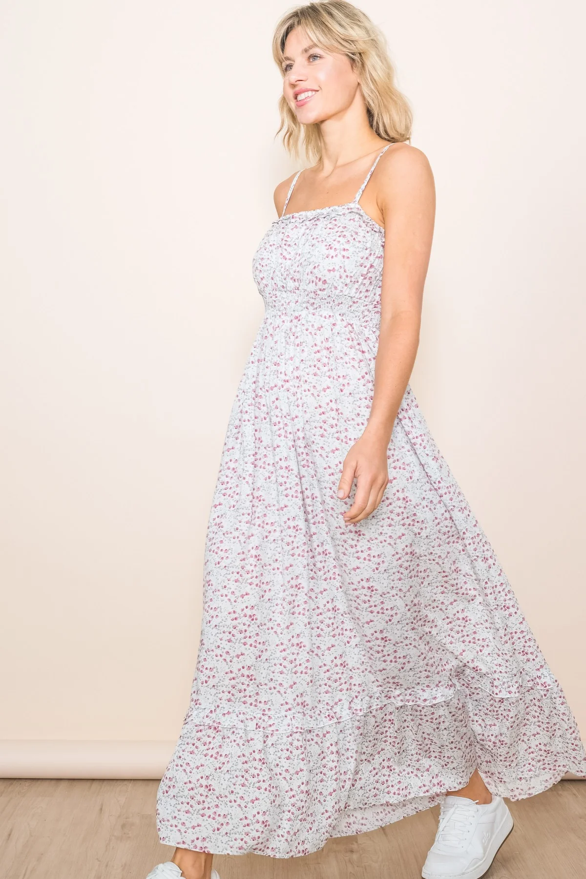 Cream Floral Ruffle Square Neck Smocked Waist Maxi Dress - Image 4