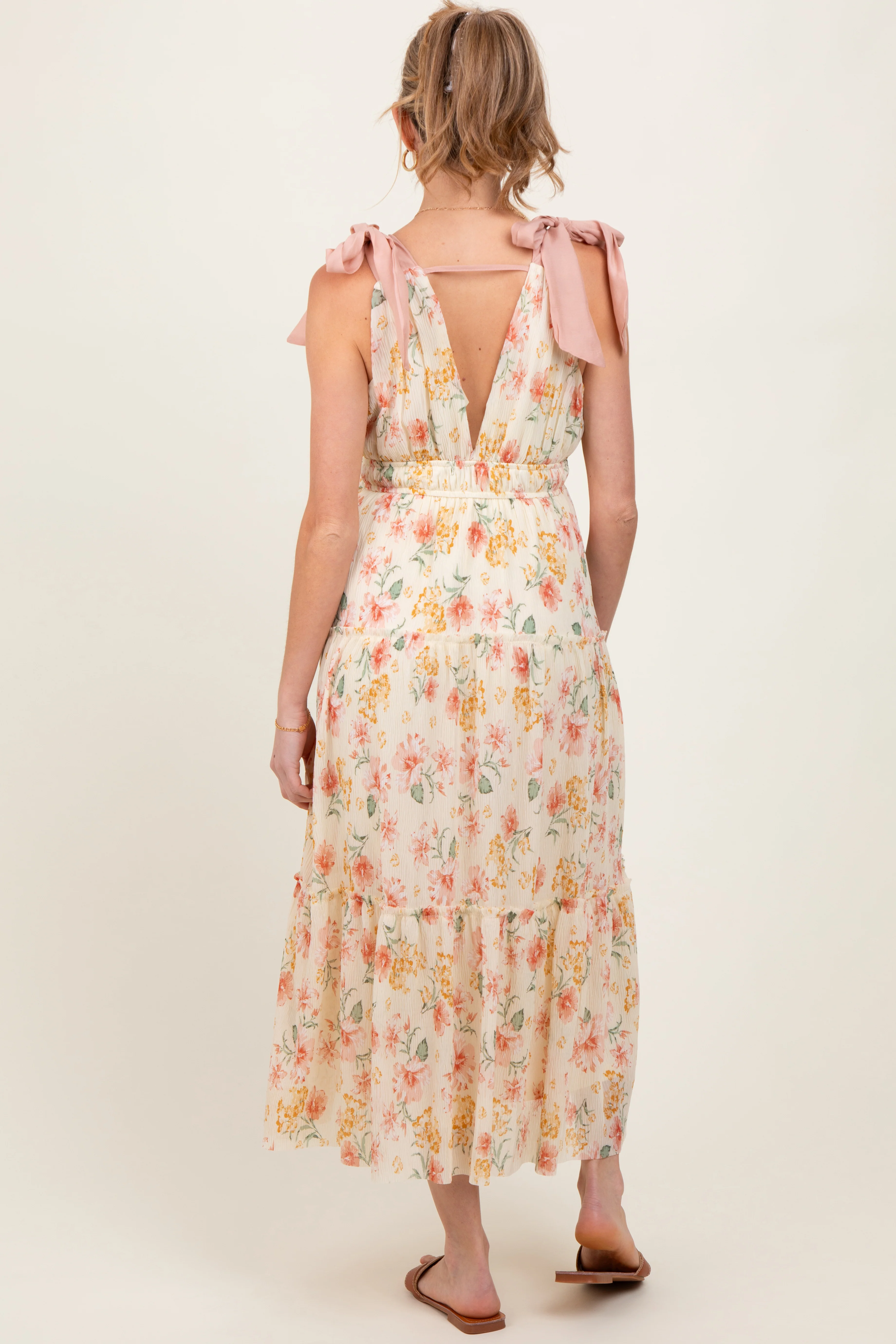 Cream Floral Shoulder Tie Deep V-Neck Tiered Maternity Maxi Dress - Image 3
