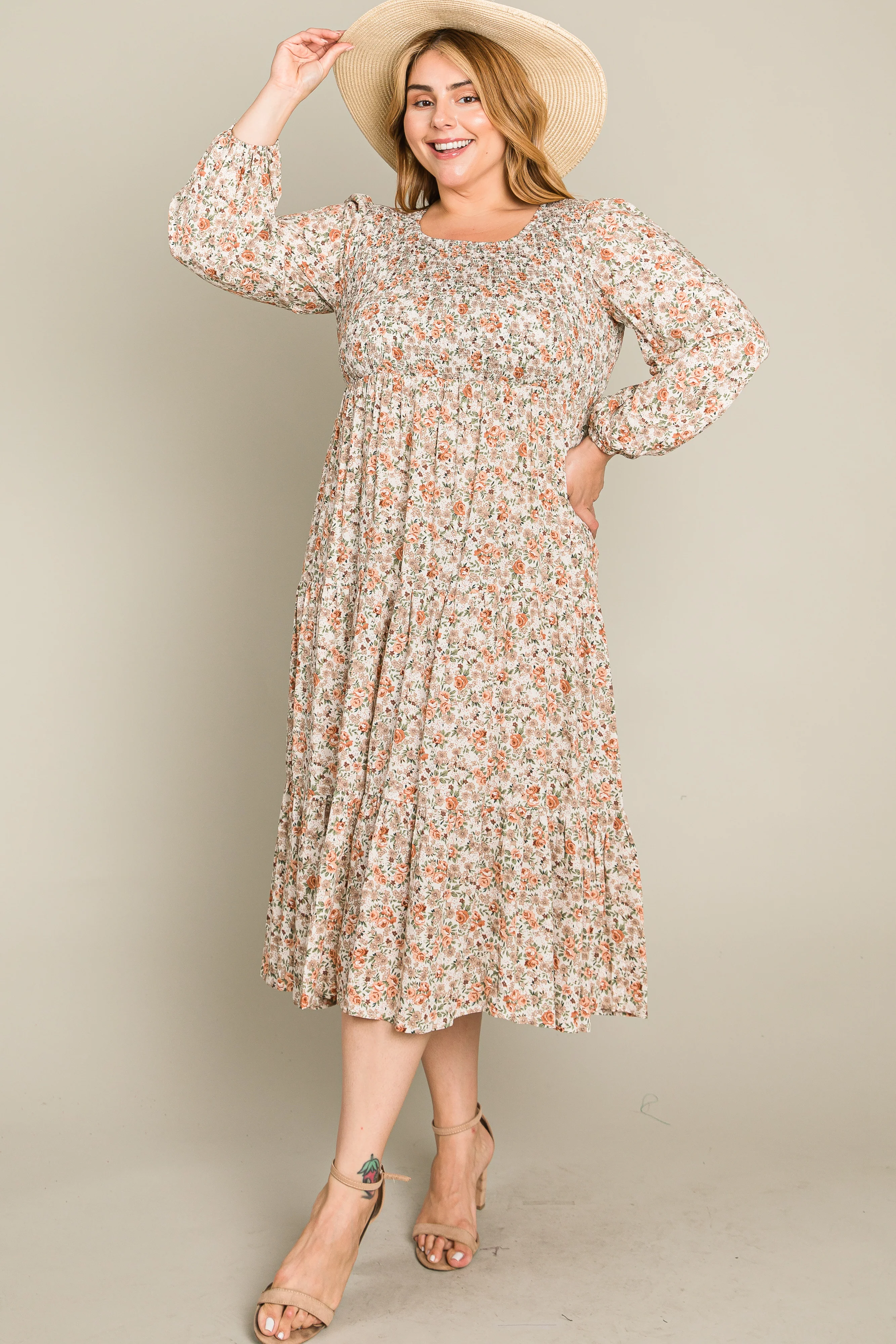 Cream Floral Smocked 3/4 Sleeve Plus Midi Dress - Image 4