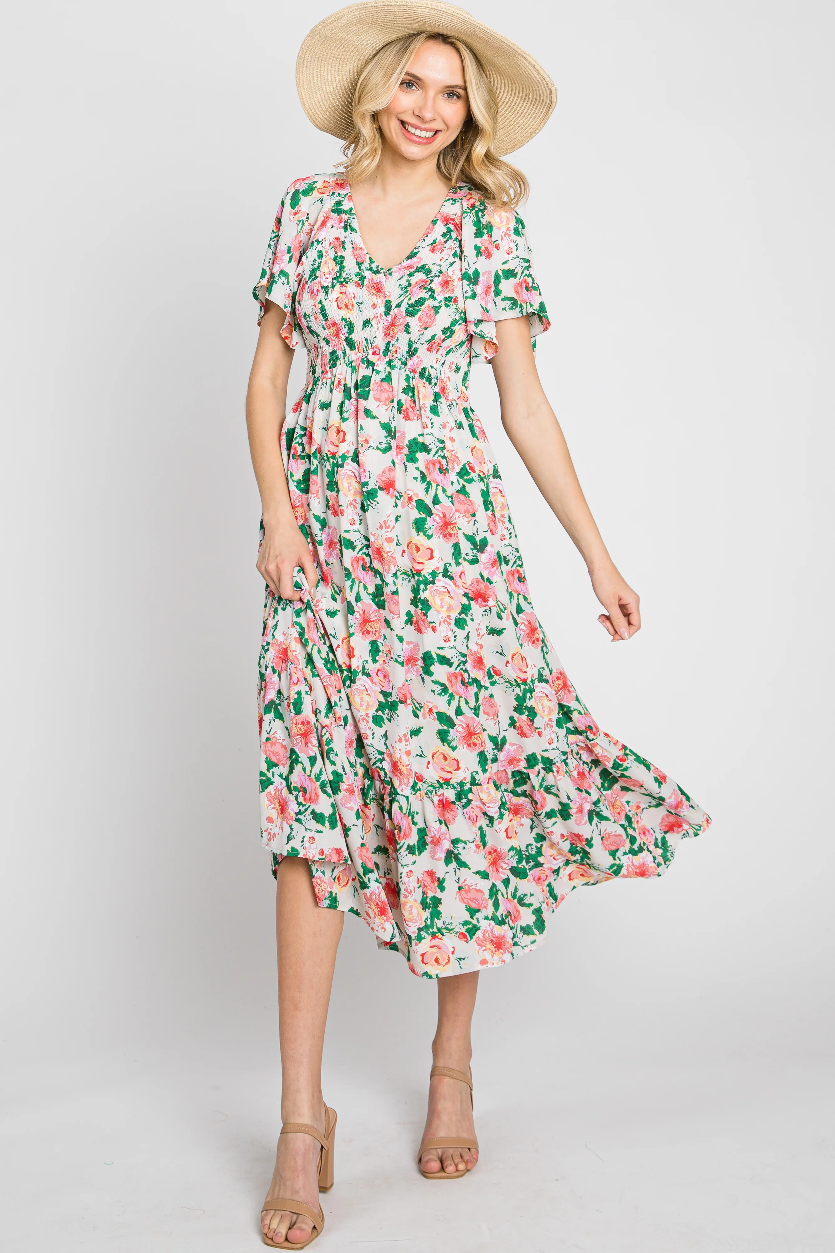 Cream Floral Smocked Flutter Sleeve Maternity Midi Dress - Image 5