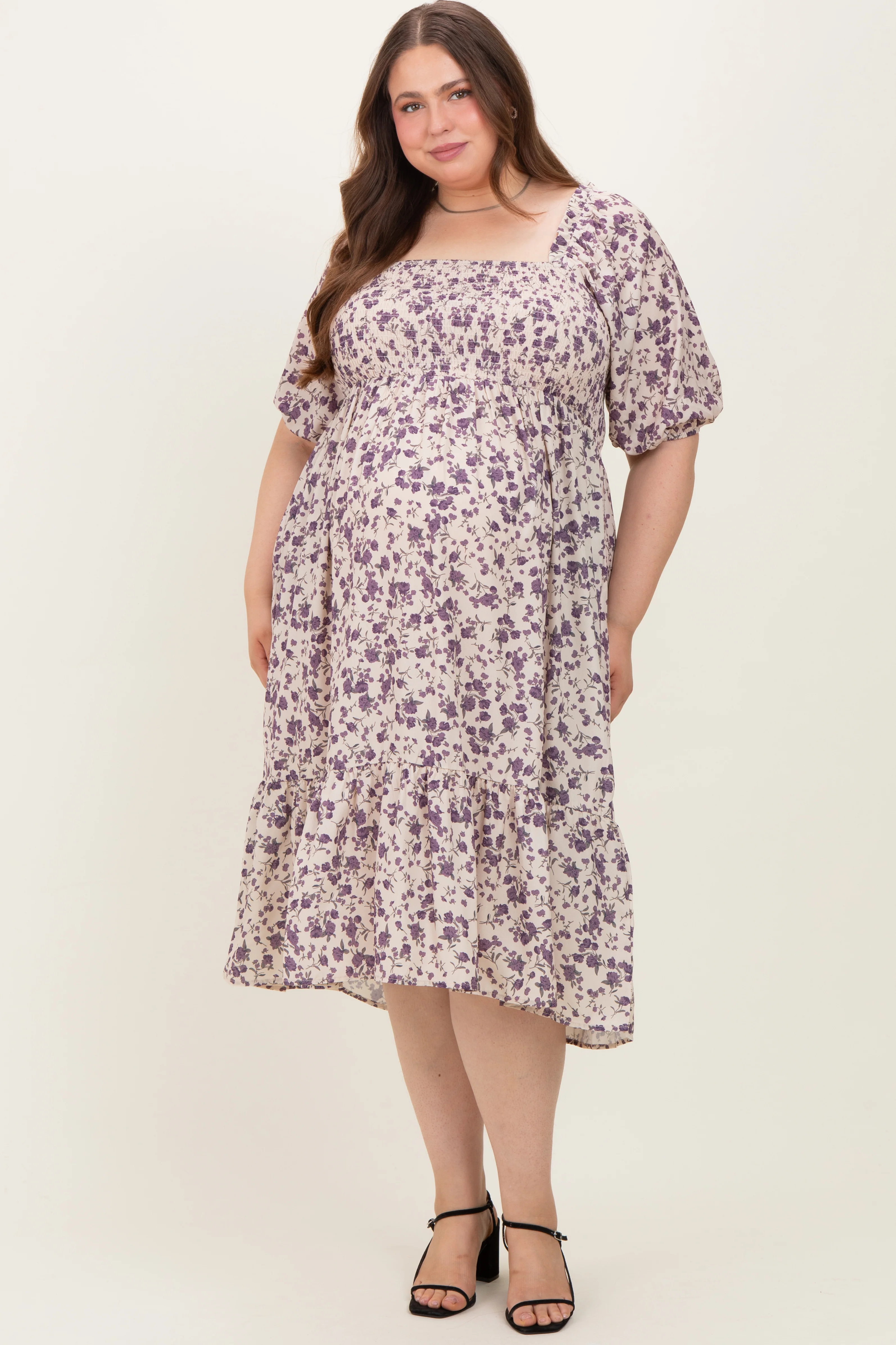 Cream Floral Smocked Maternity Plus Midi Dress