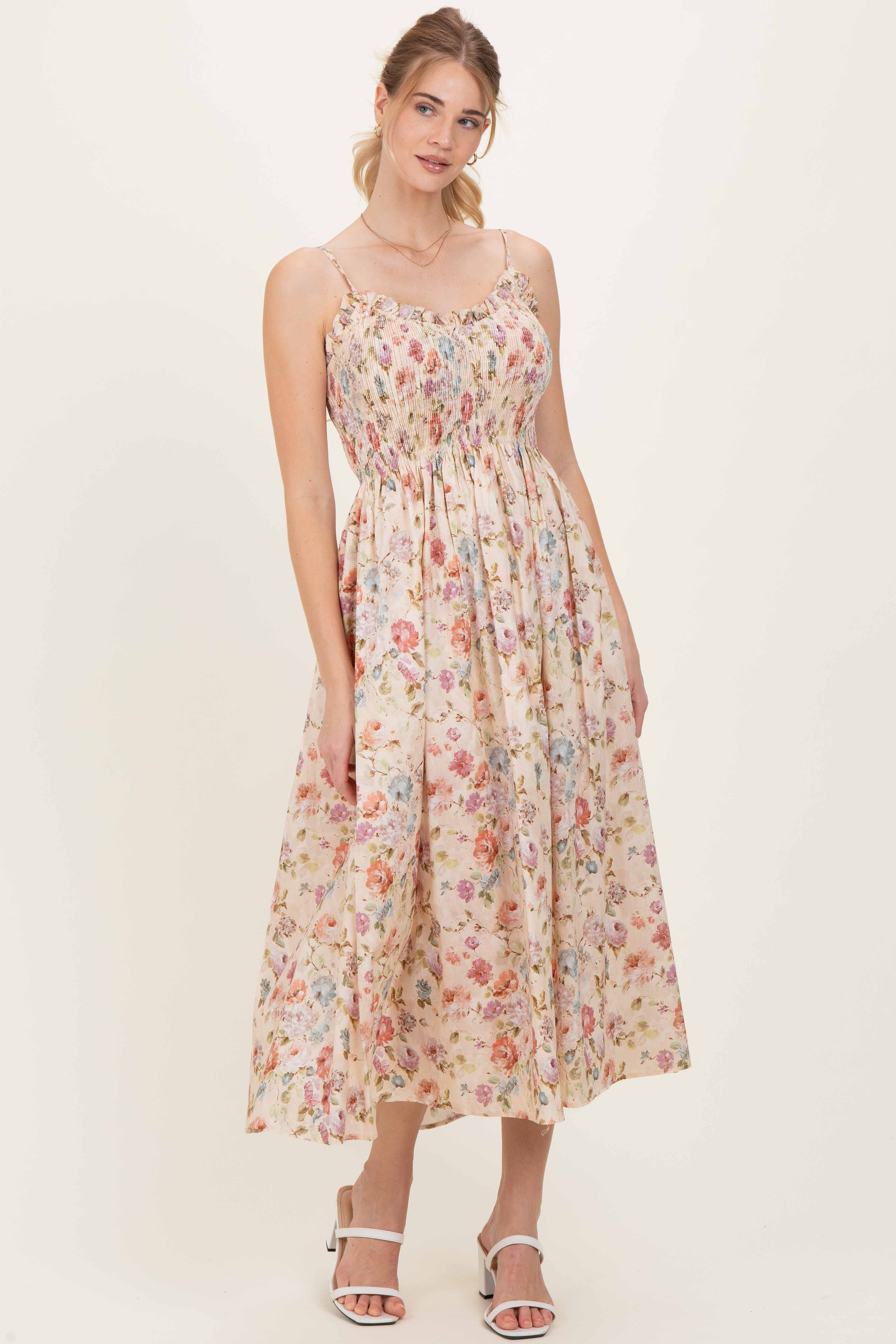 Cream Floral Smocked Ruffle Detail Maternity Midi Dress - Image 5