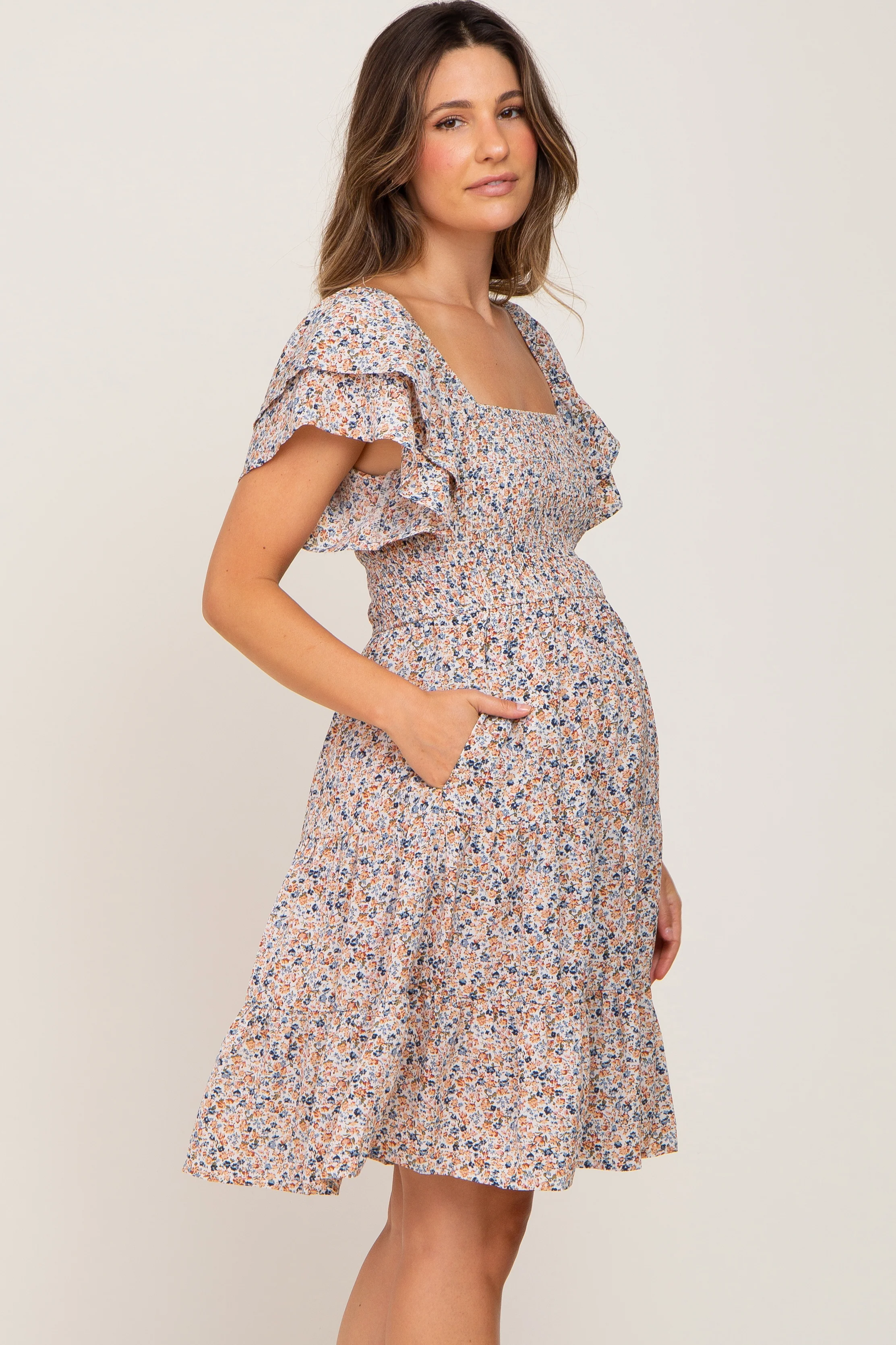 Cream Floral Smocked Tiered Maternity Dress - Image 2