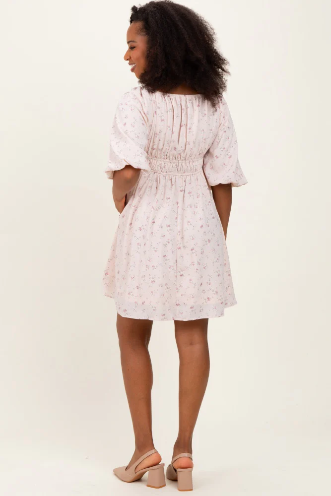 Cream Floral Square Neck Bubble Sleeve Dress - Image 4