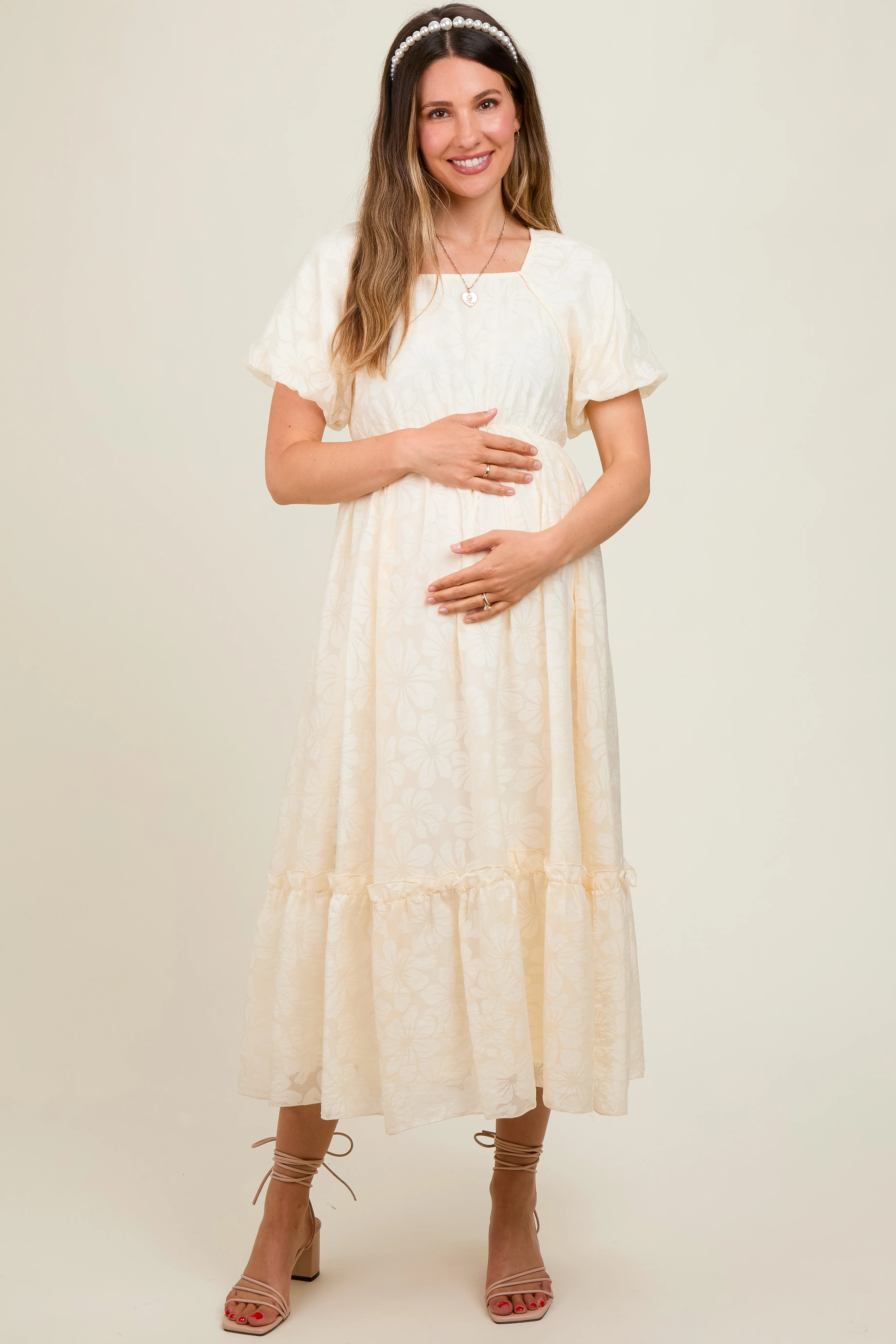 Cream Floral Square Neck Bubble Sleeve Maternity Maxi Dress - Image 2