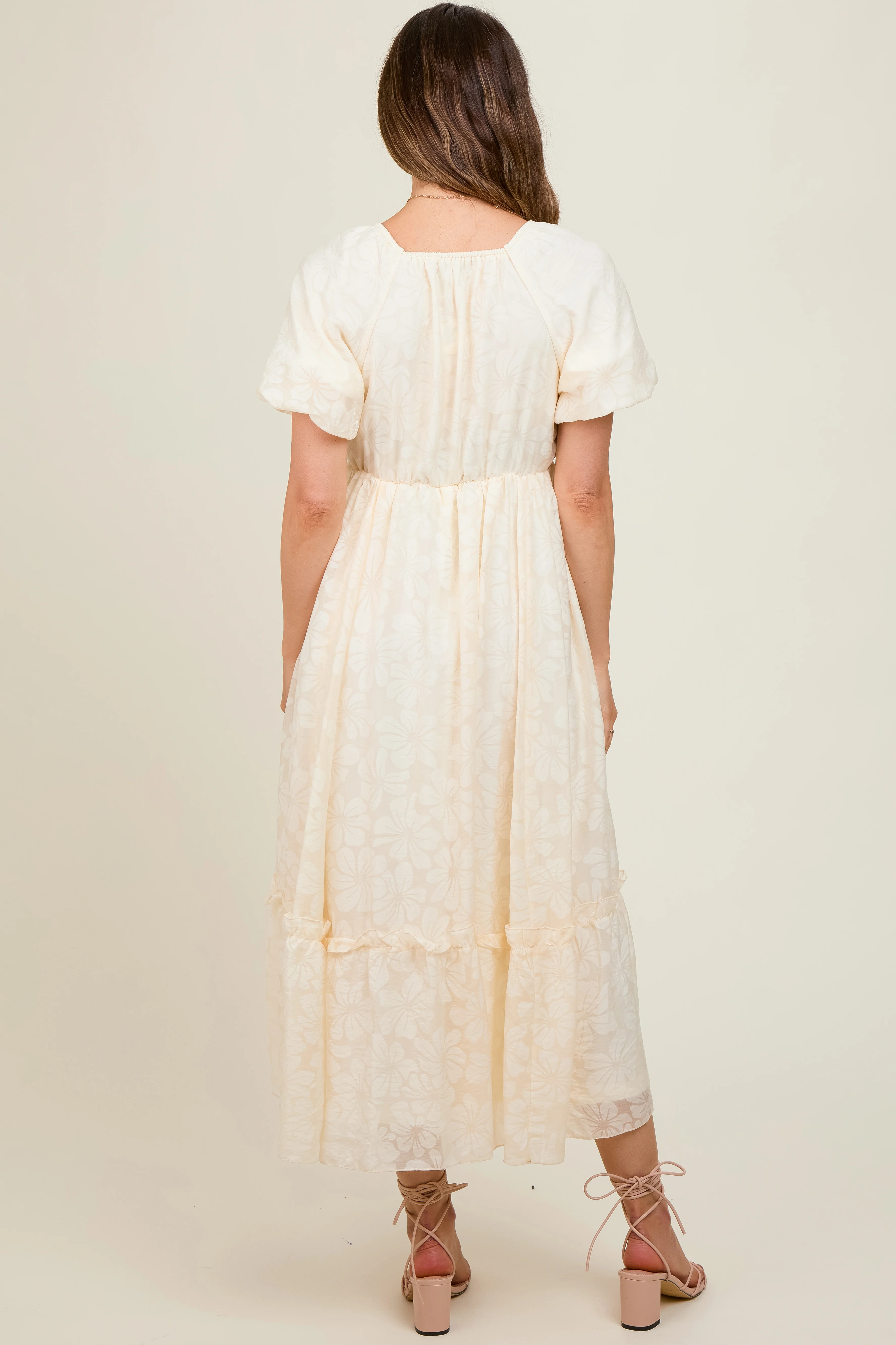 Cream Floral Square Neck Bubble Sleeve Maternity Maxi Dress - Image 4
