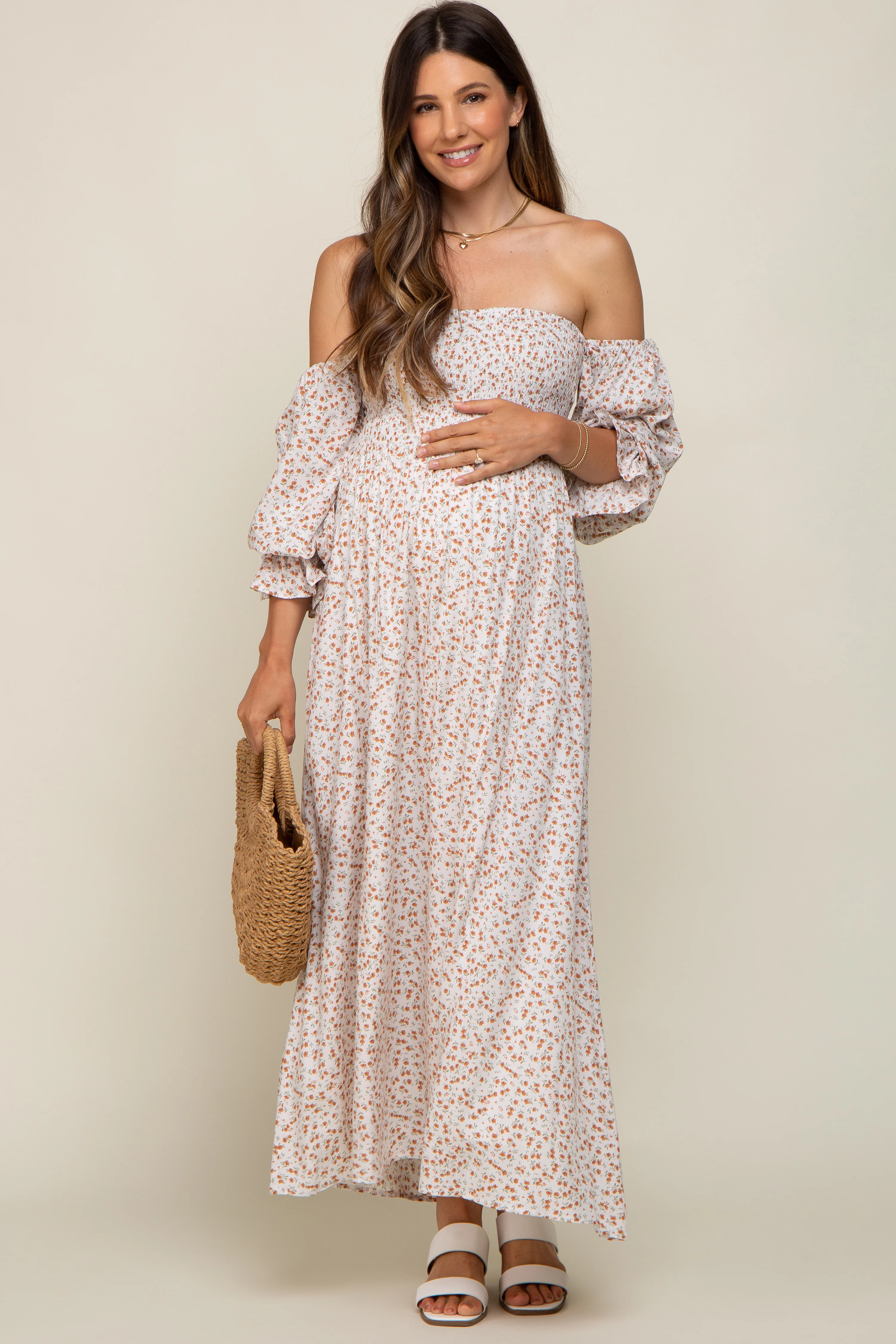 Cream Floral Square Neck Smocked Long Sleeve Maternity Maxi Dress - Image 6