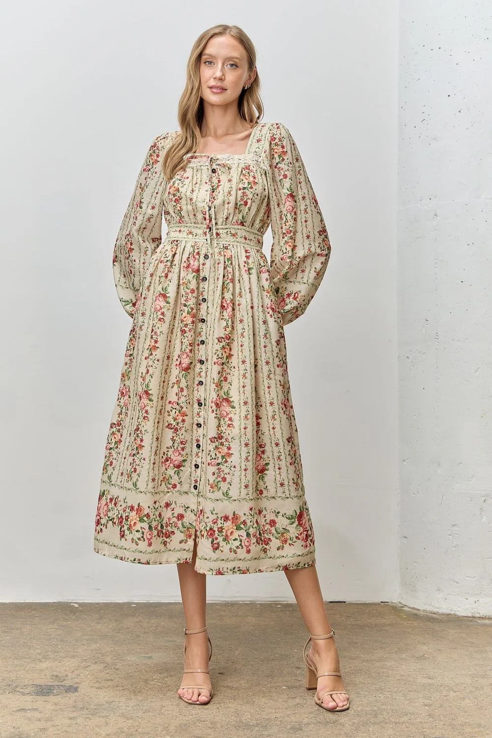 Cream Floral Stripe Button Down Long Sleeve Maternity Midi Dress - Image 4