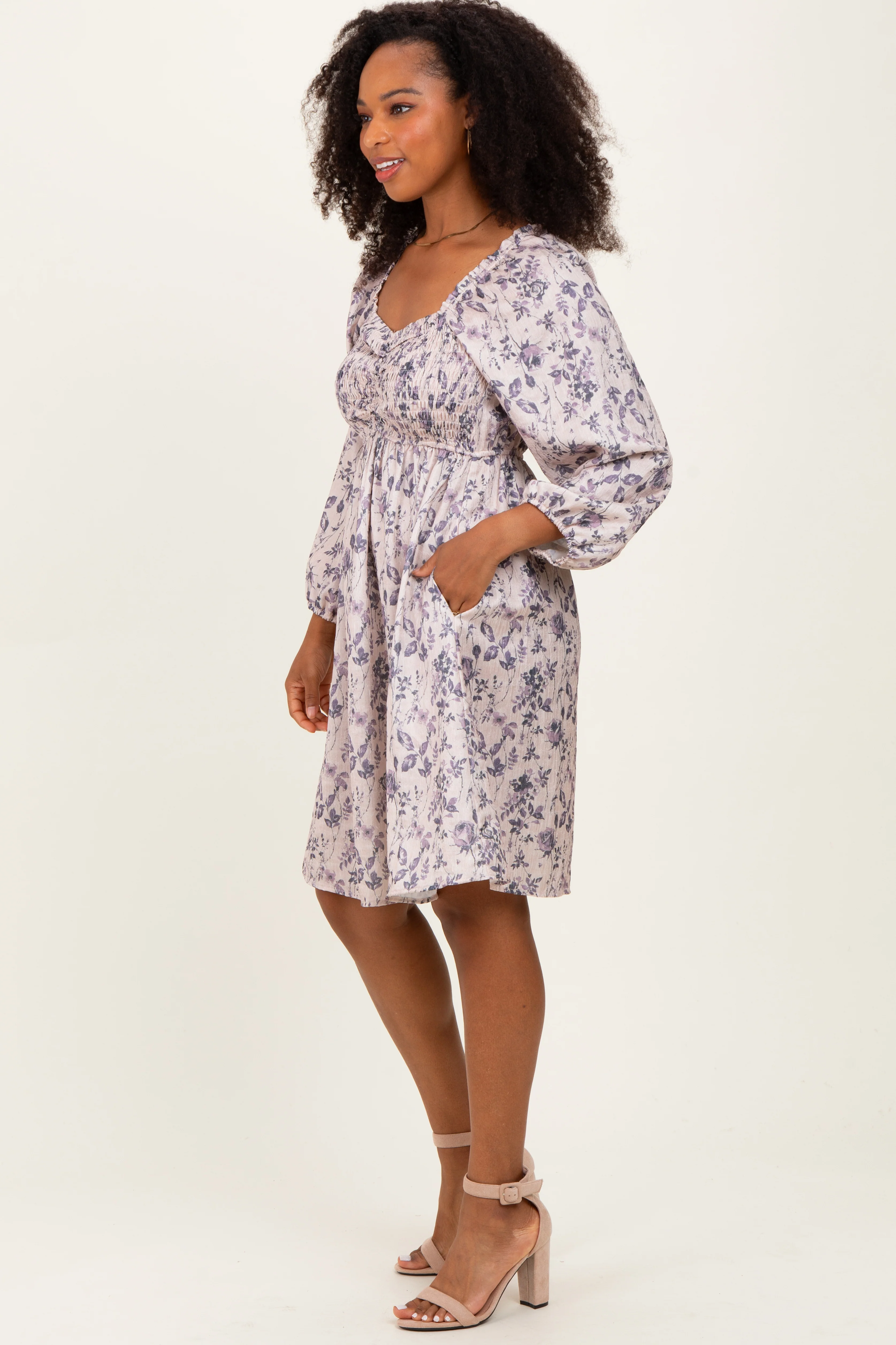 Cream Floral Sweetheart Neck Smocked Dress - Image 3