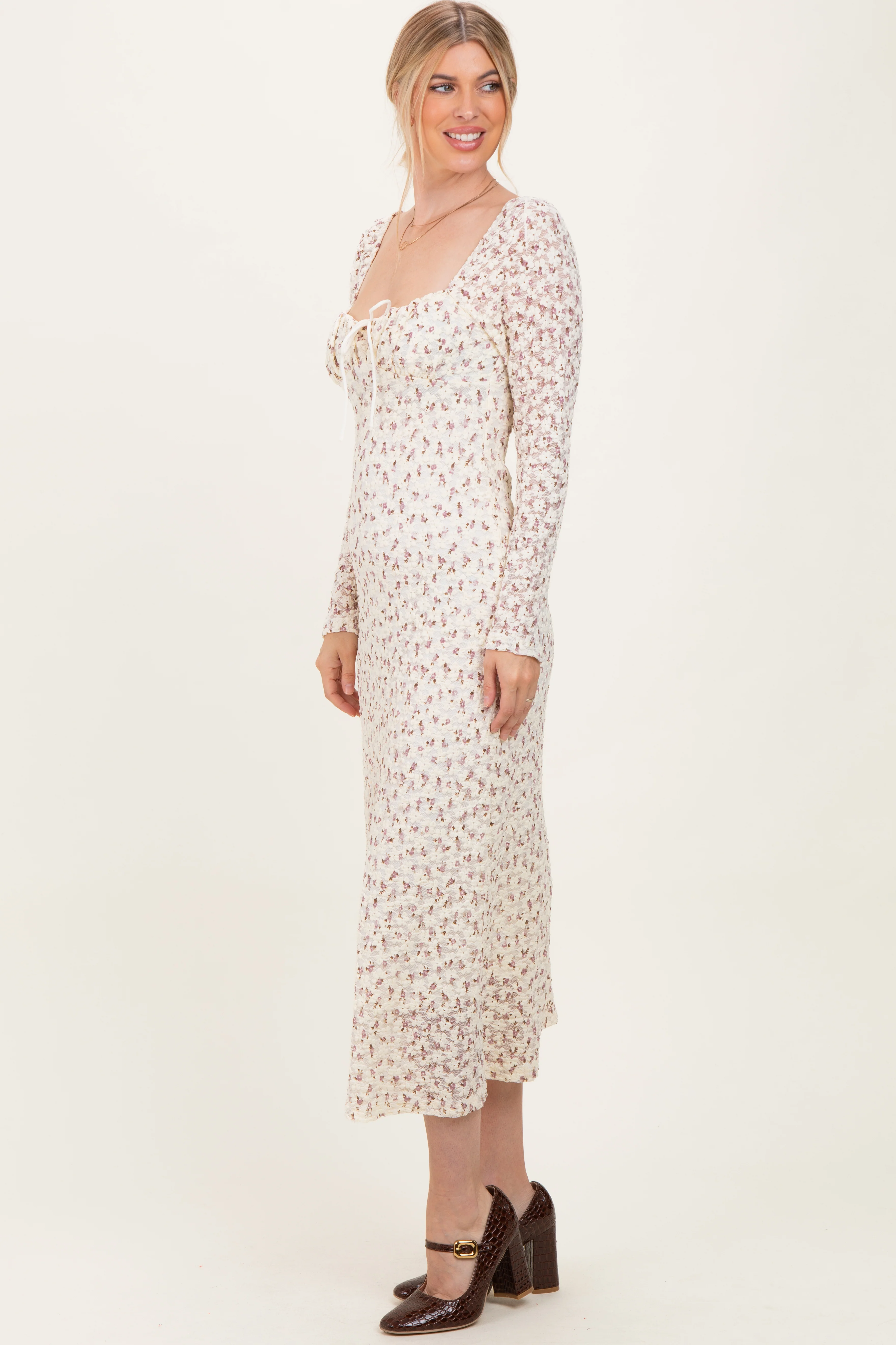 Cream Floral Sweetheart Neckline Long Sleeve Maxi Dress - Image 3