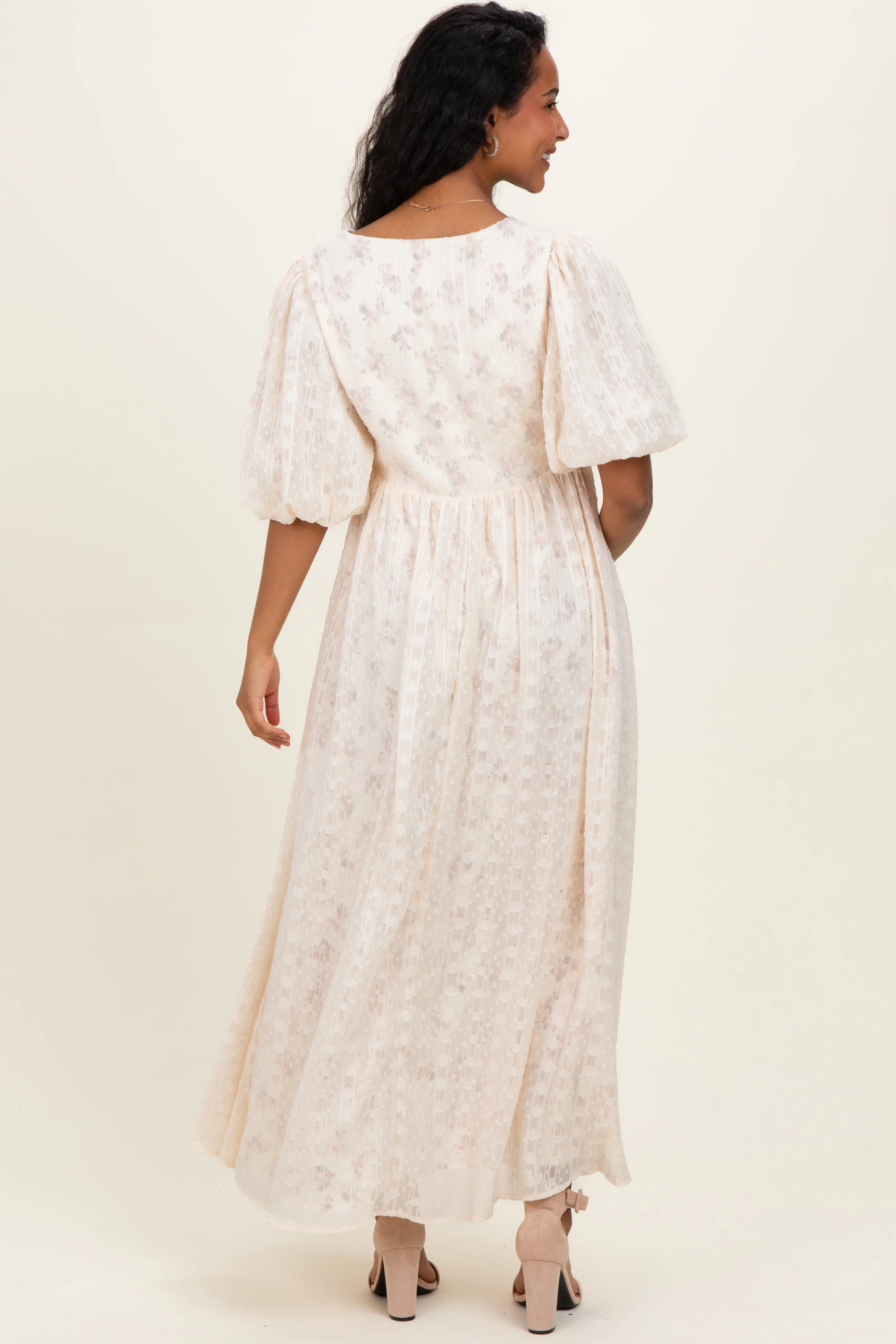 Cream Floral Textured Chiffon Overlay Maternity Maxi Dress - Image 4