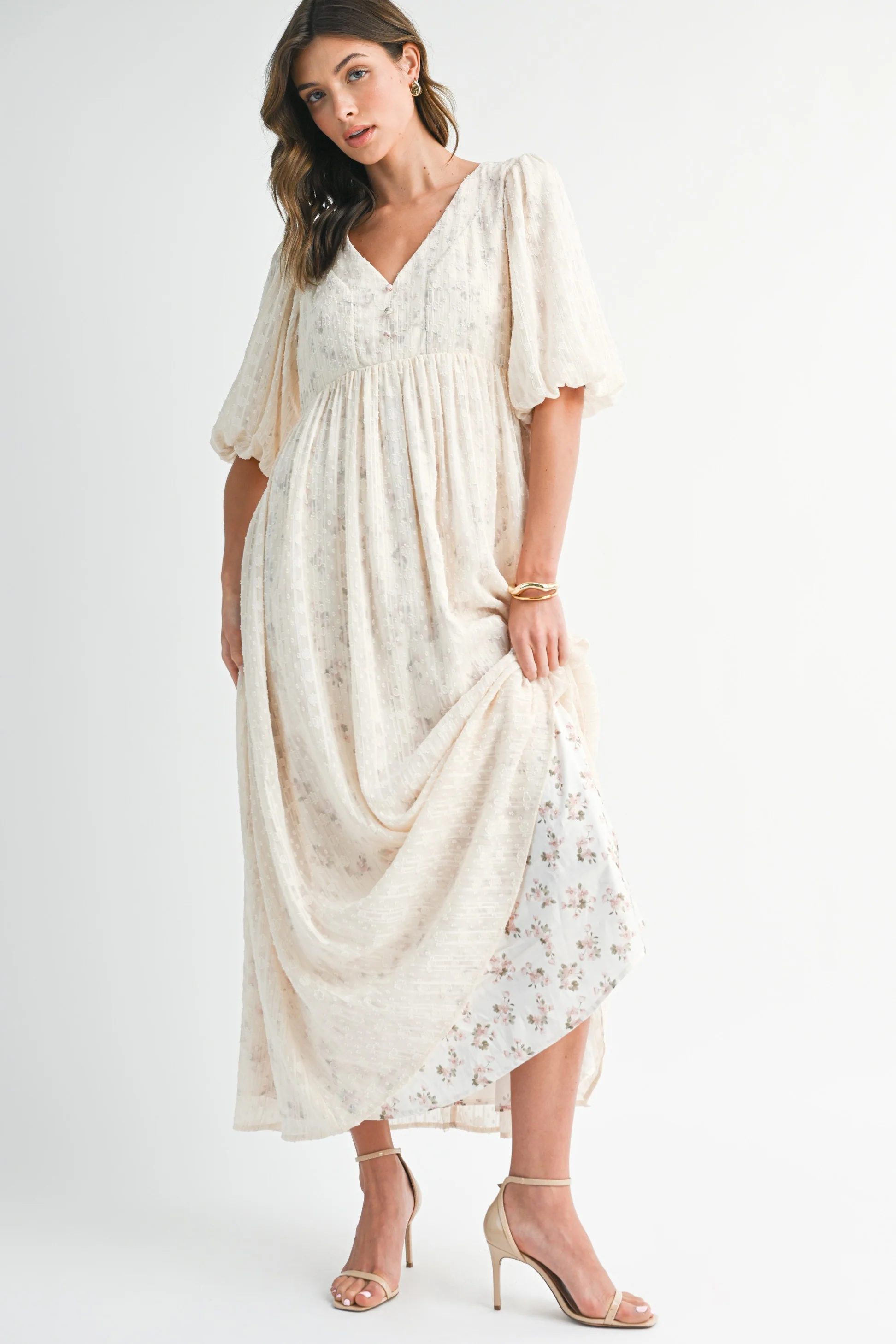 Cream Floral Textured Chiffon Overlay Maxi Dress - Image 2
