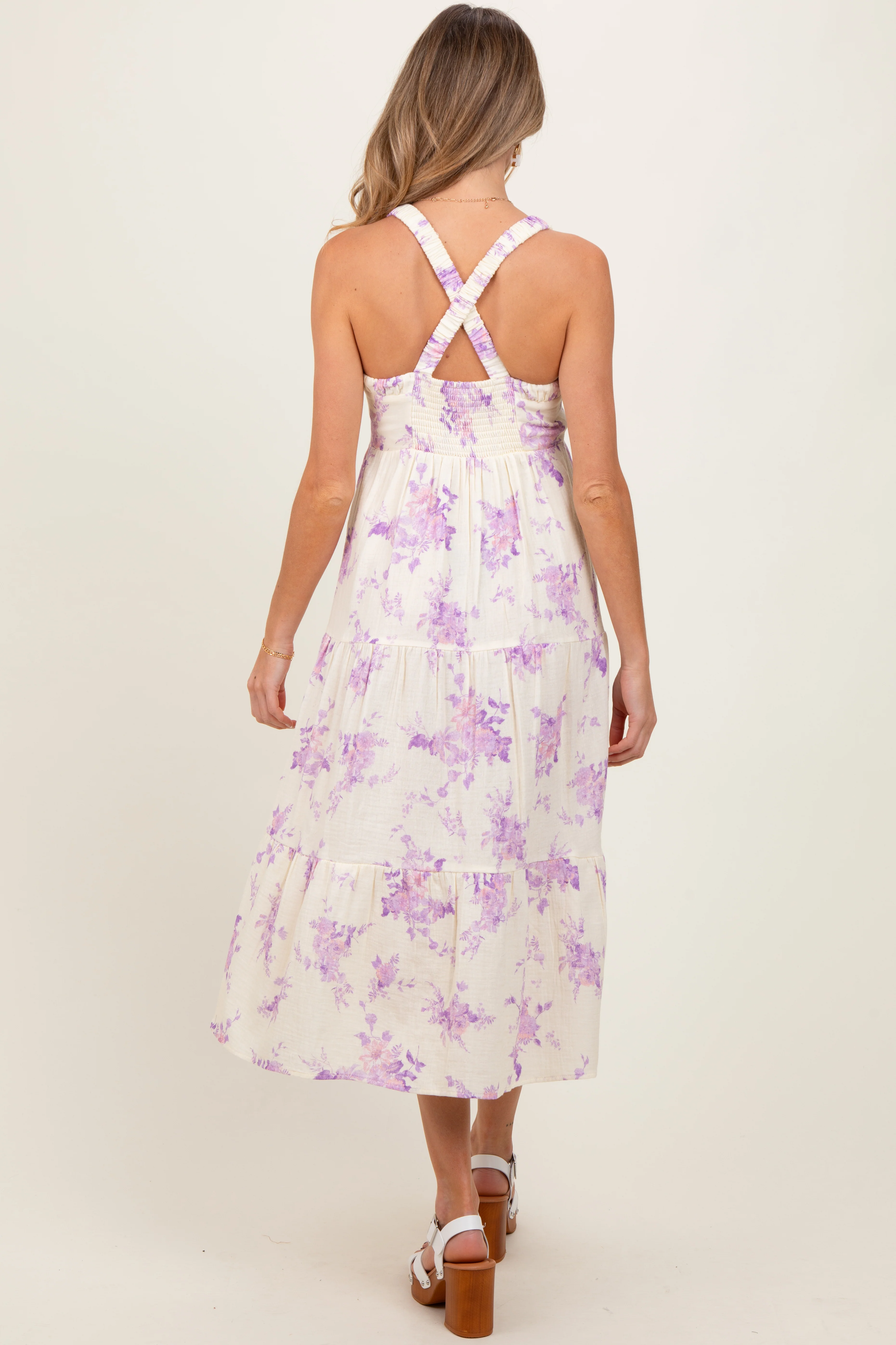 Cream Floral Tiered Crisscross Back Maternity Midi Dress - Image 3