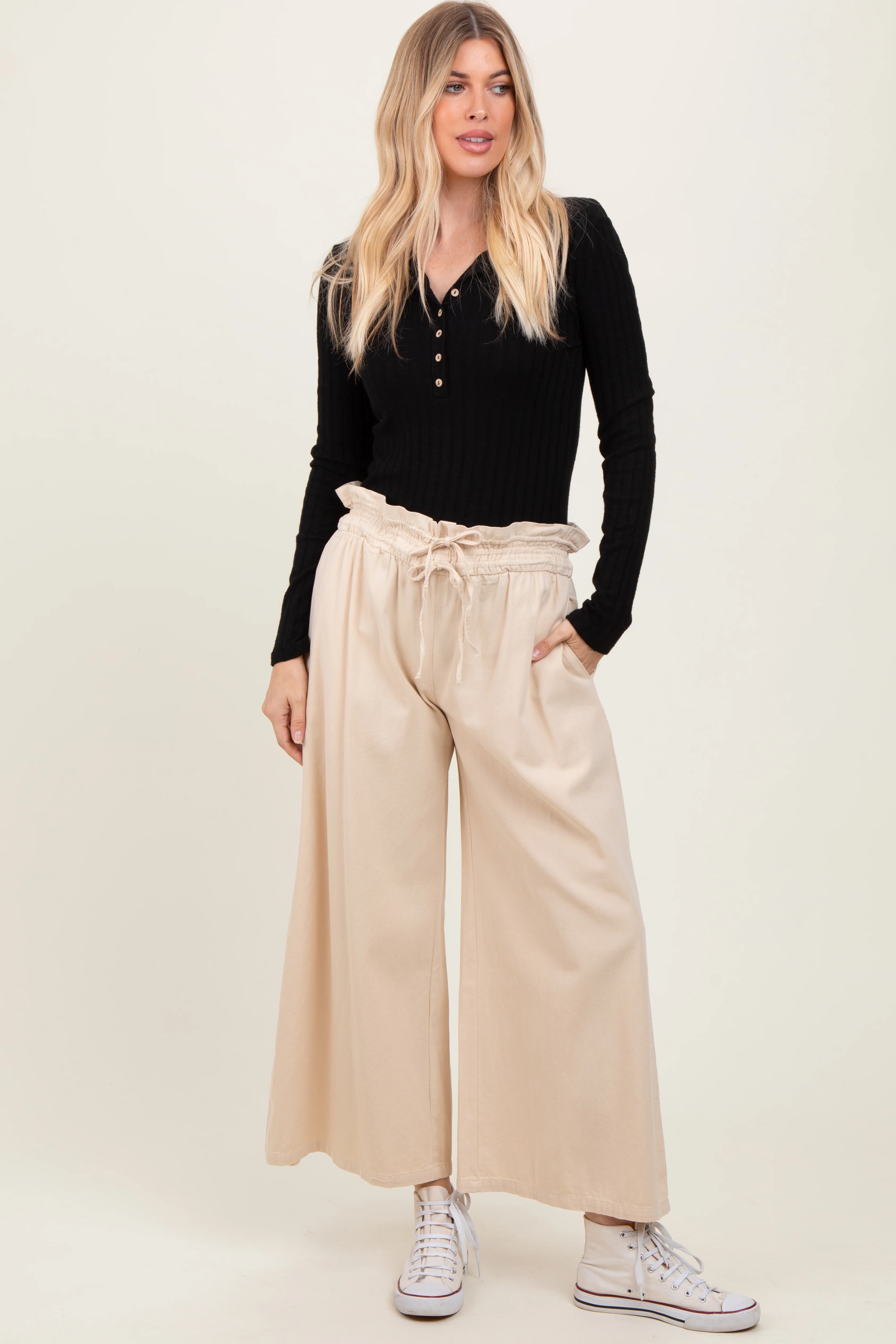 Cream Flowy Cropped Maternity Pant - Image 6