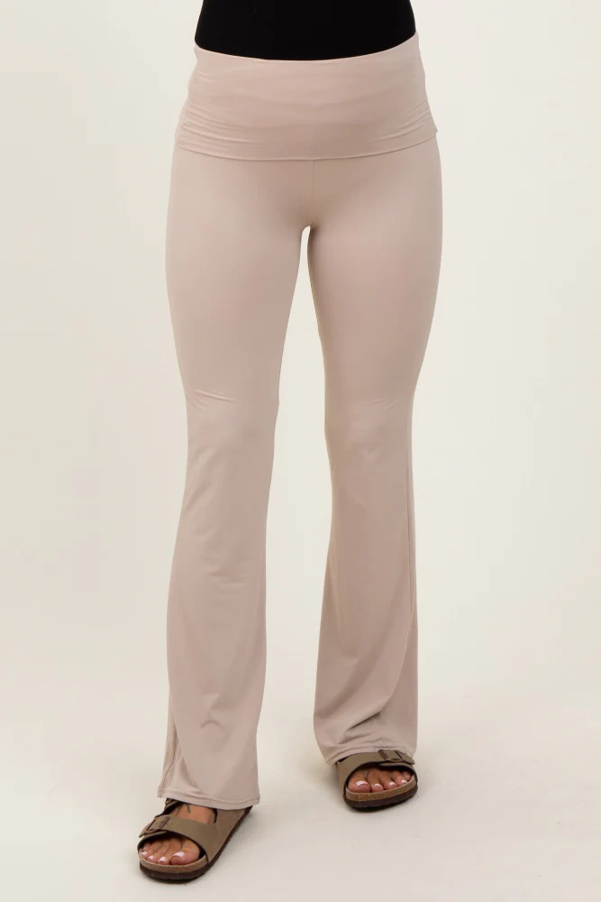 Cream Fold Over Waistband Maternity Flared Pants - Image 3
