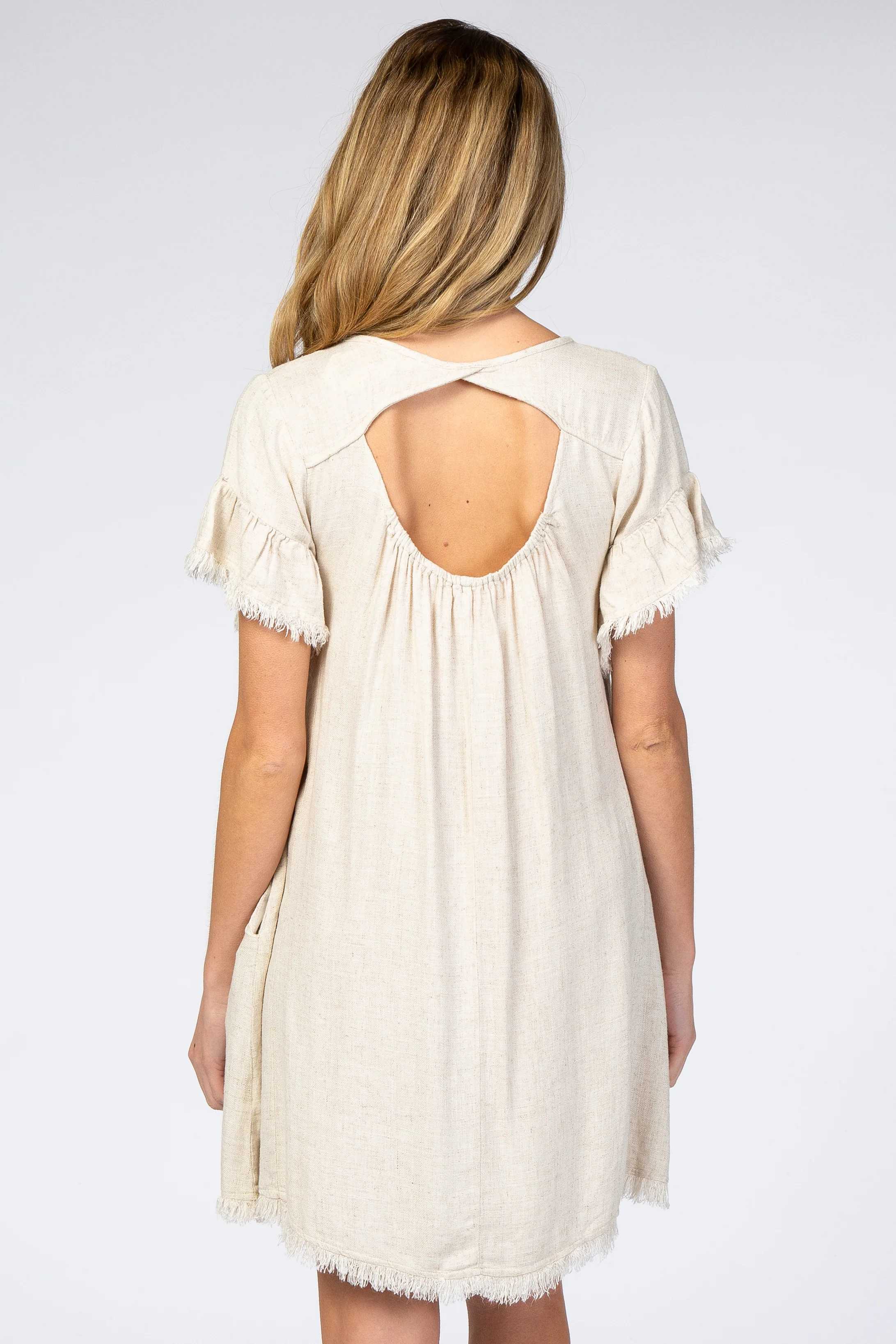 Cream Frayed Trim Back Keyhole Linen Maternity Dress - Image 4