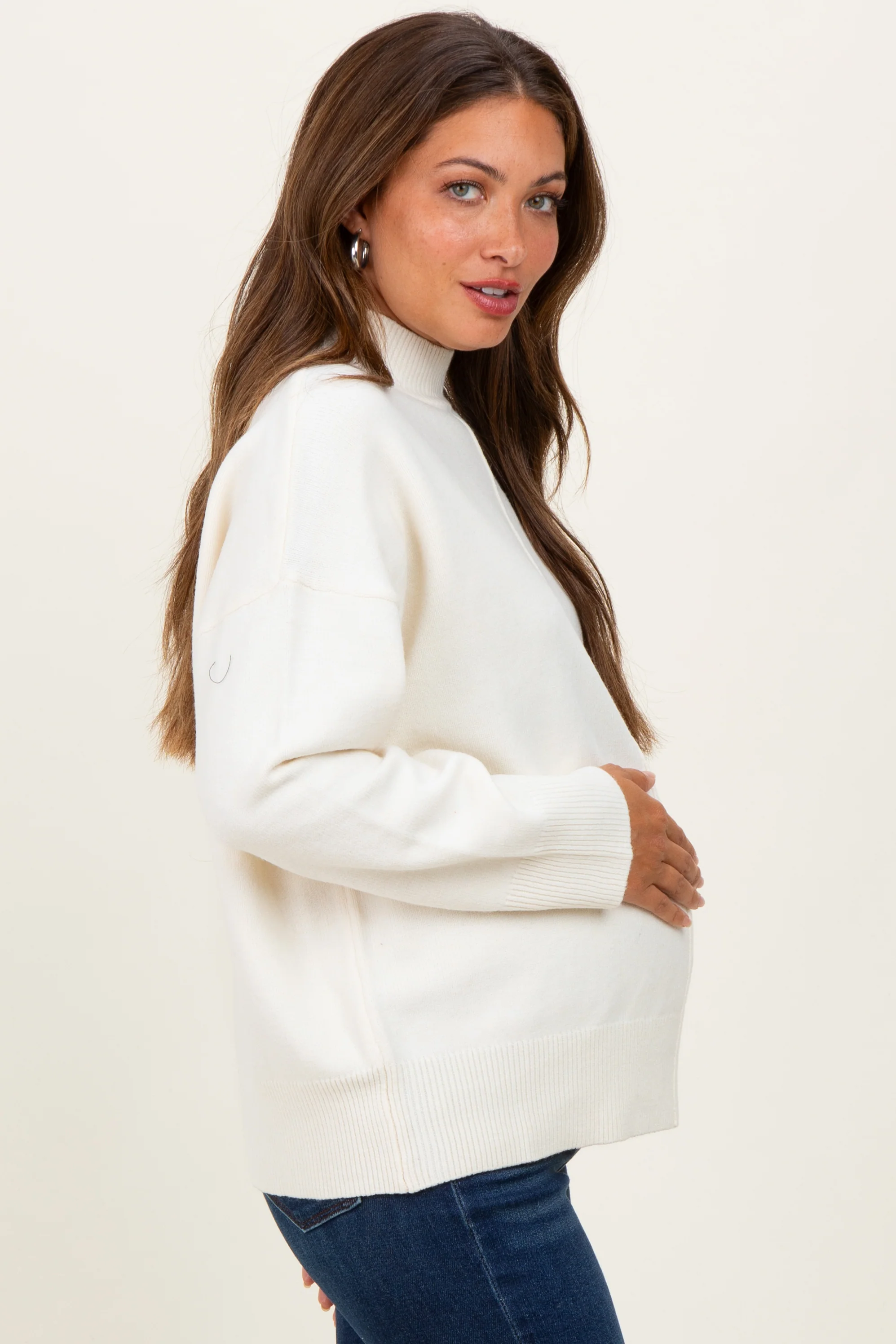Cream Front Seam Mock Neck Maternity Sweater - Image 3
