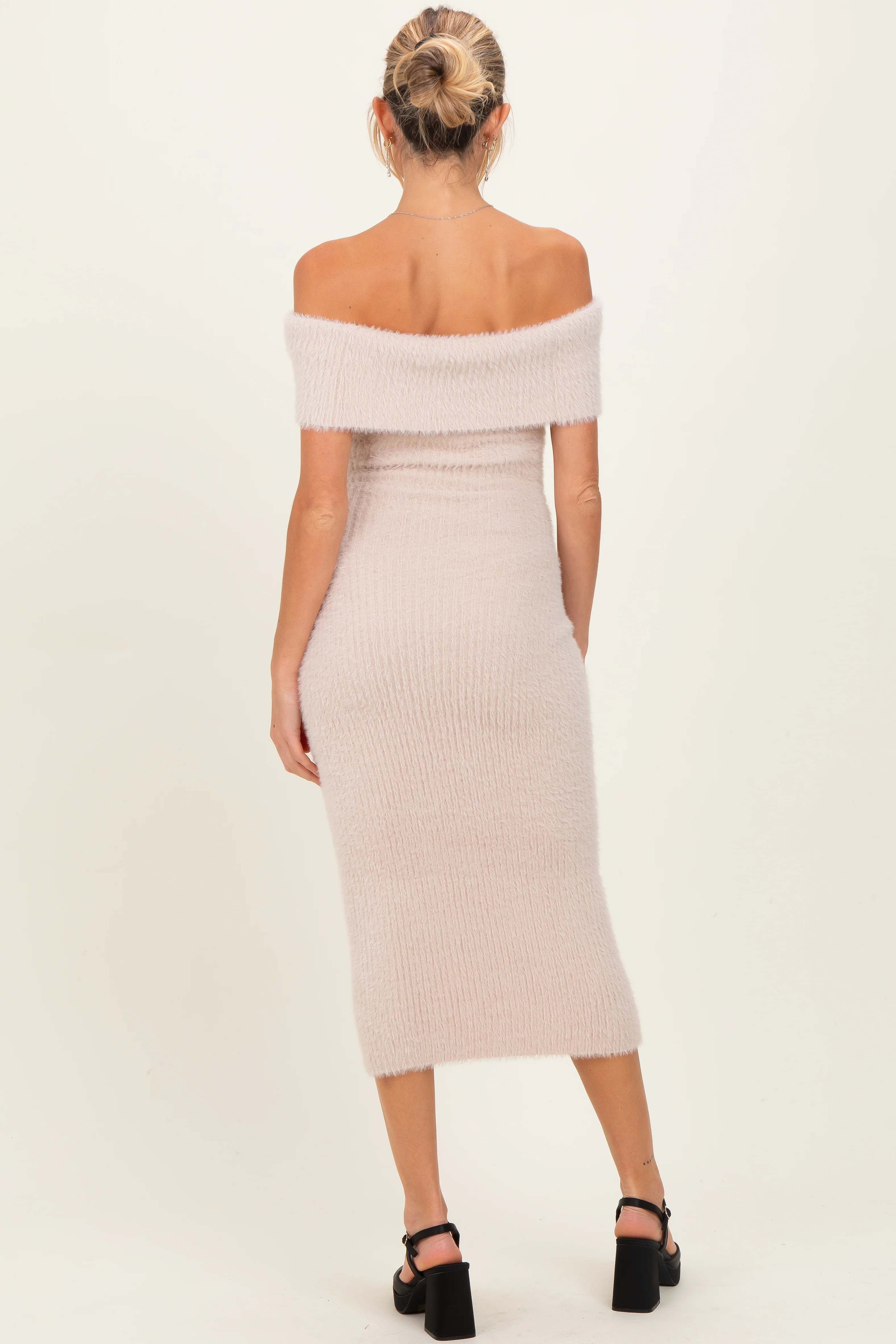 Cream Fuzzy Knit Off Shoulder Maternity Midi Dress - Image 5
