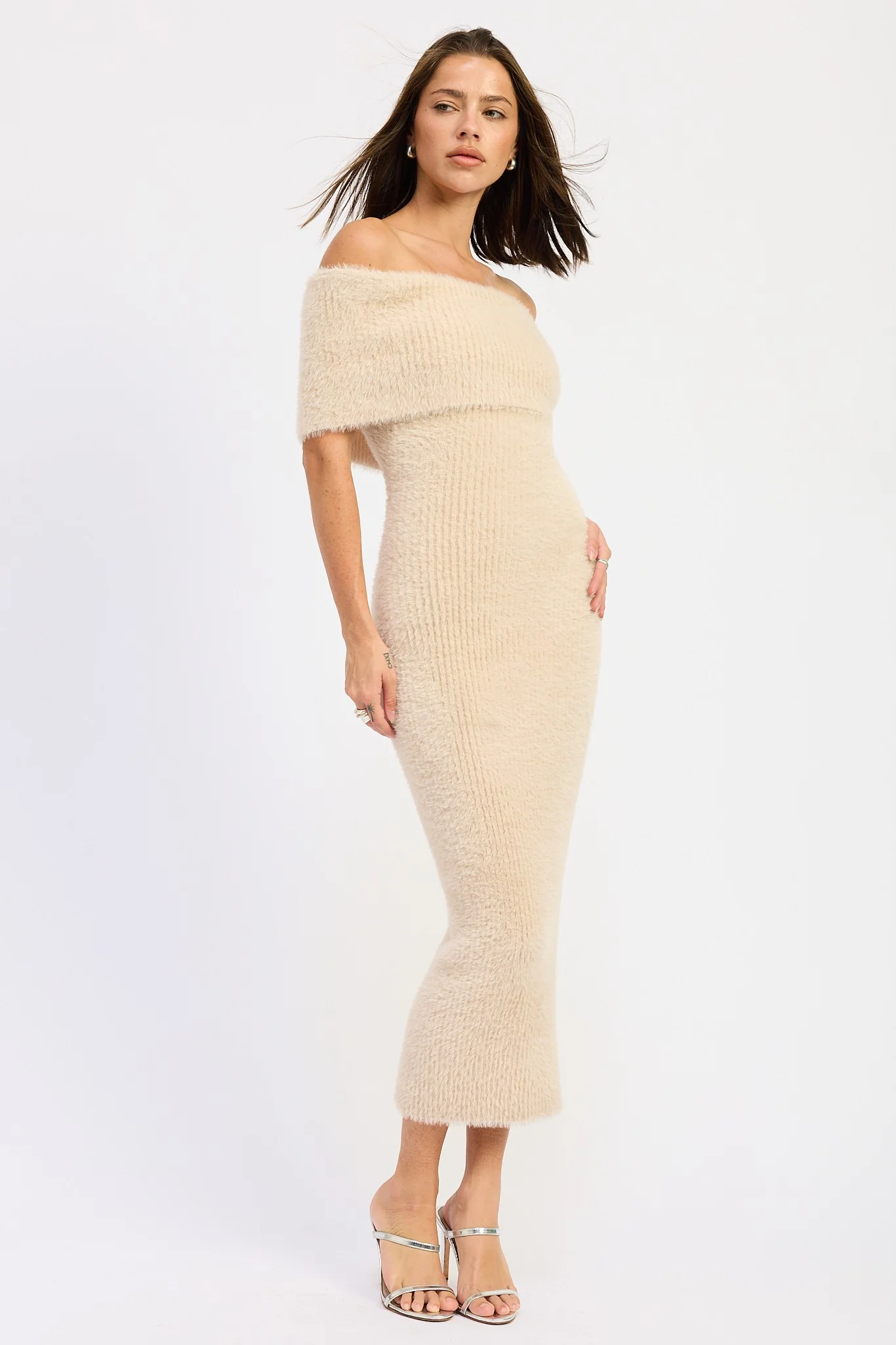 Cream Fuzzy Knit Off Shoulder Midi Dress - Image 3