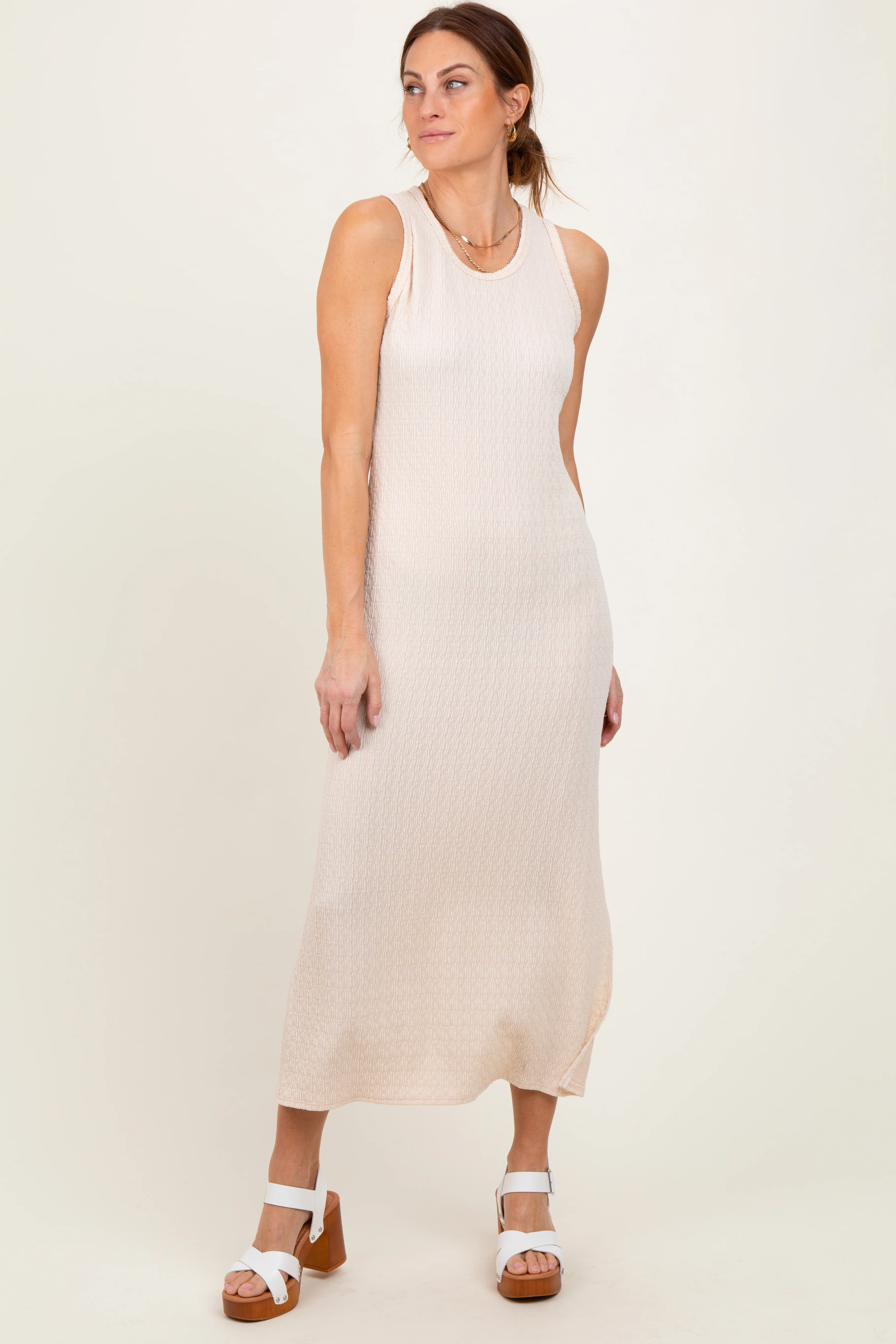 Cream Jacquard Sleeveless Side Slit Maternity Midi Dress - Image 5