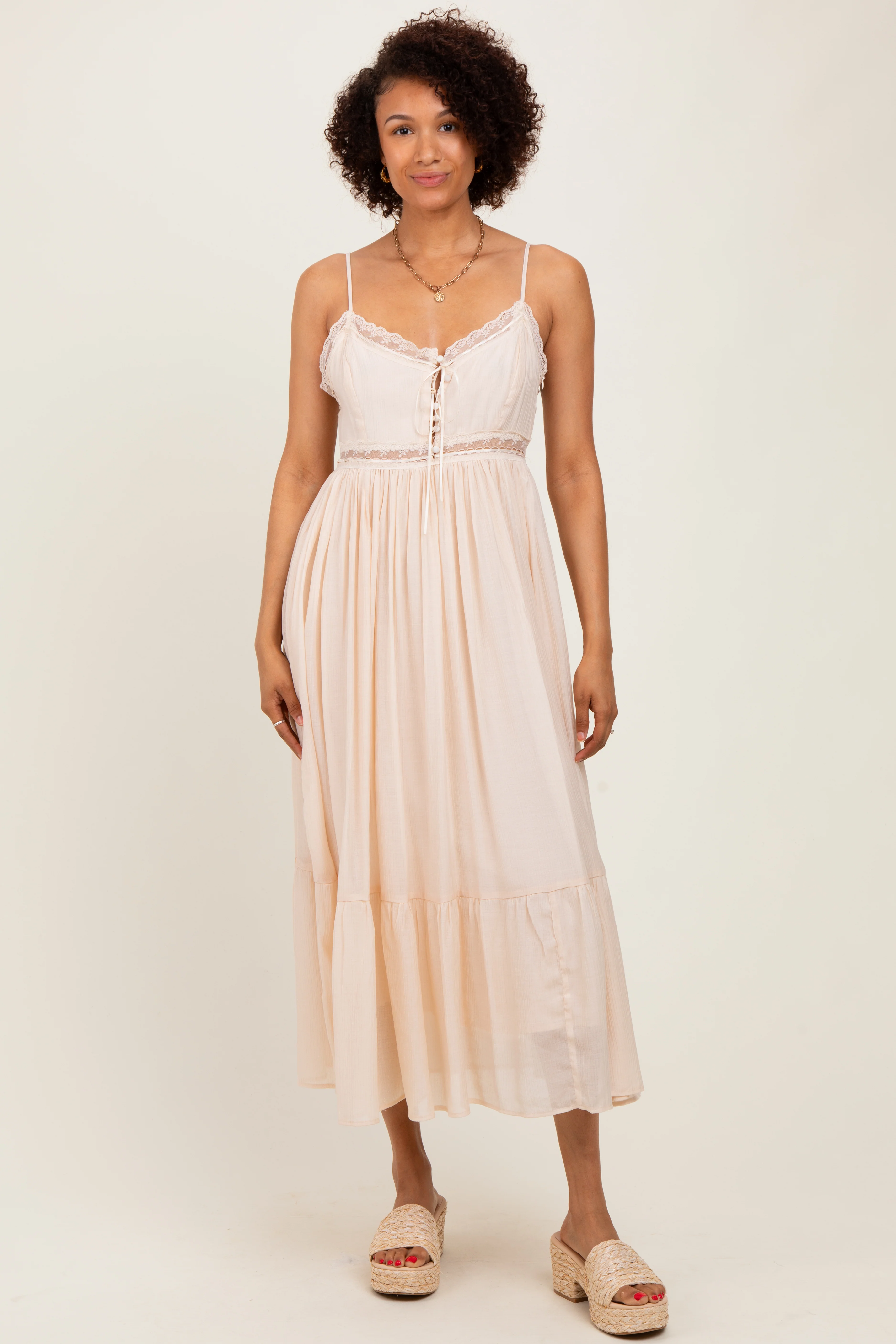 Cream Lace Detail Button Front Sleeveless Maternity Midi Dress - Image 5