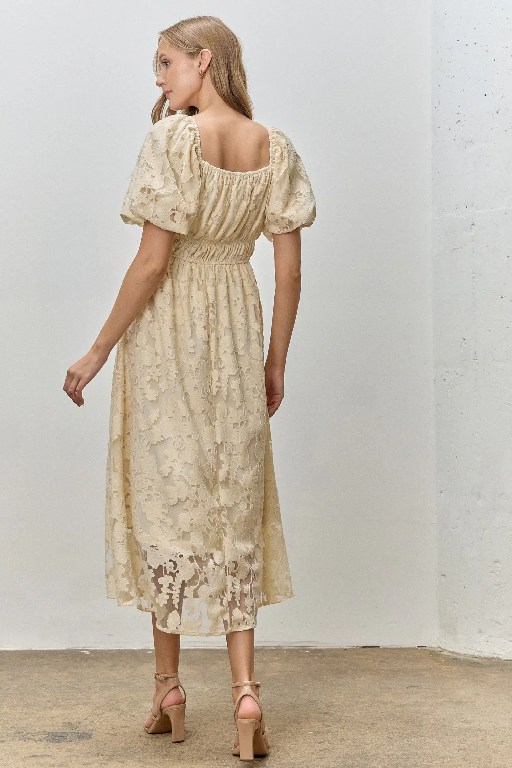 Cream Lace Puff Sleeve Midi Dress - Image 3
