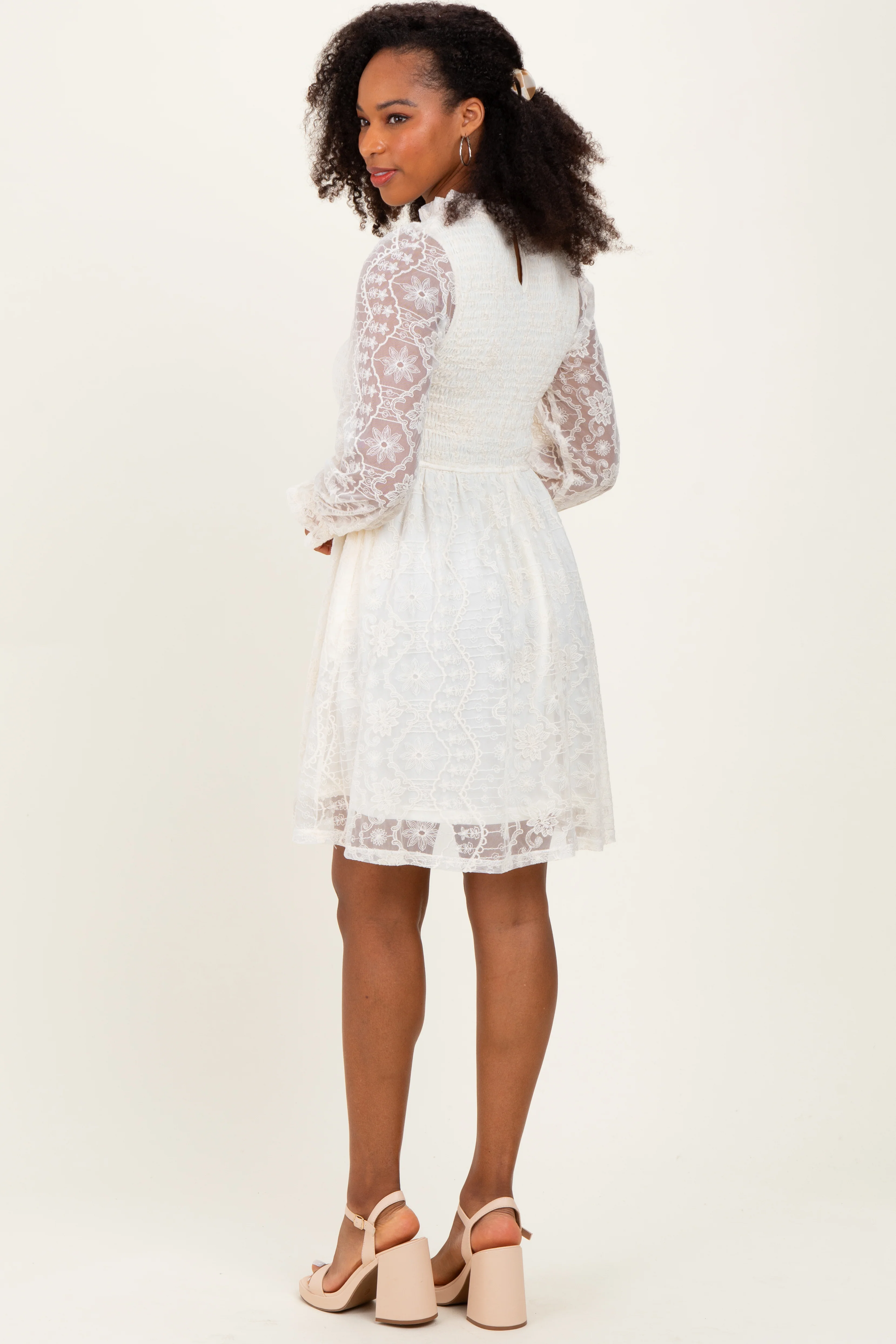 Cream Lace Smocked Long Sleeve Dress - Image 4