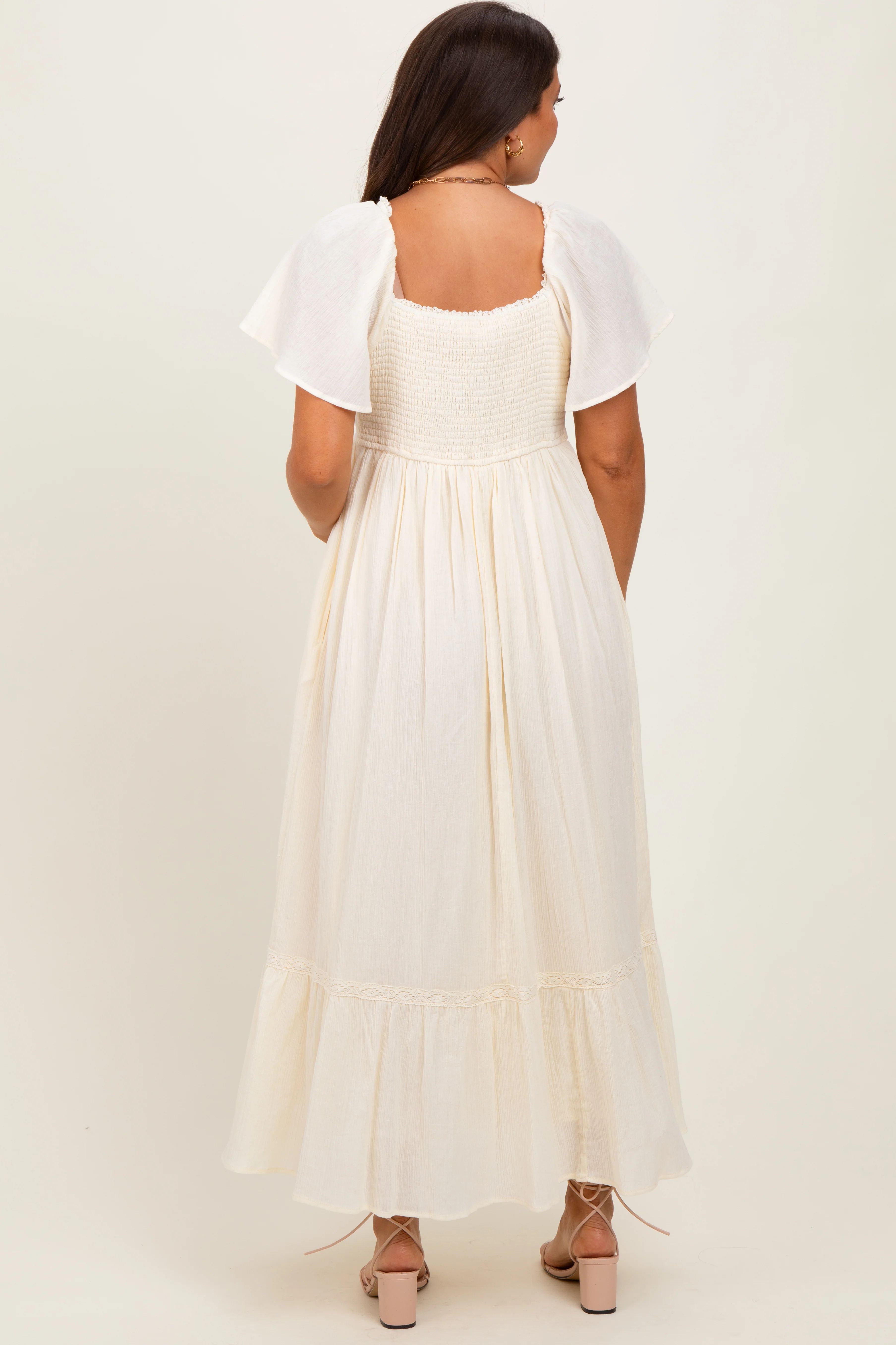 Cream Lace Square Neck Maternity Maxi Dress - Image 3