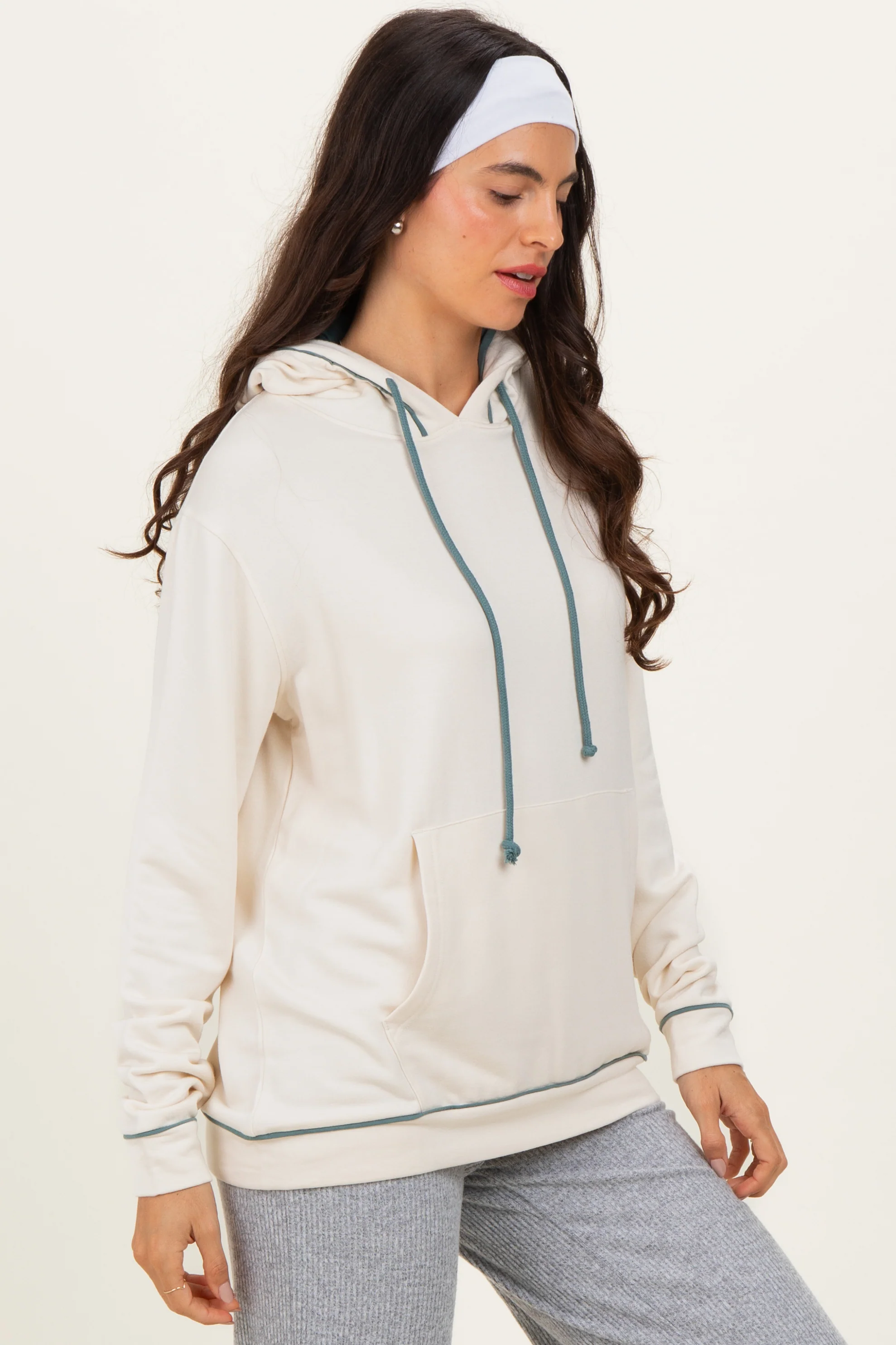 Cream Light Olive Contrast Drawstring Maternity Hoodie - Image 3