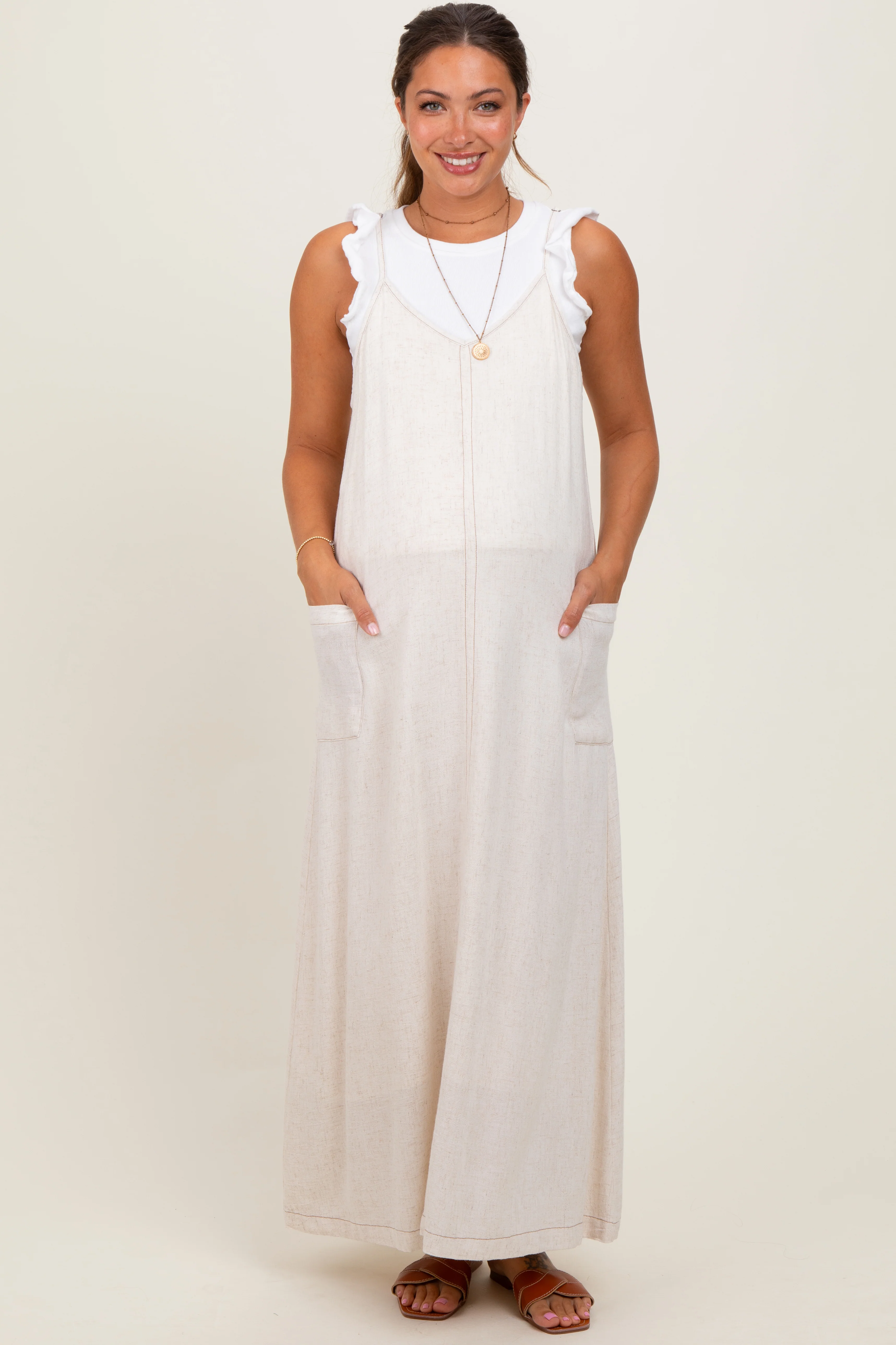 Cream Linen Mixed Overall Maternity Midi Dress - Image 4