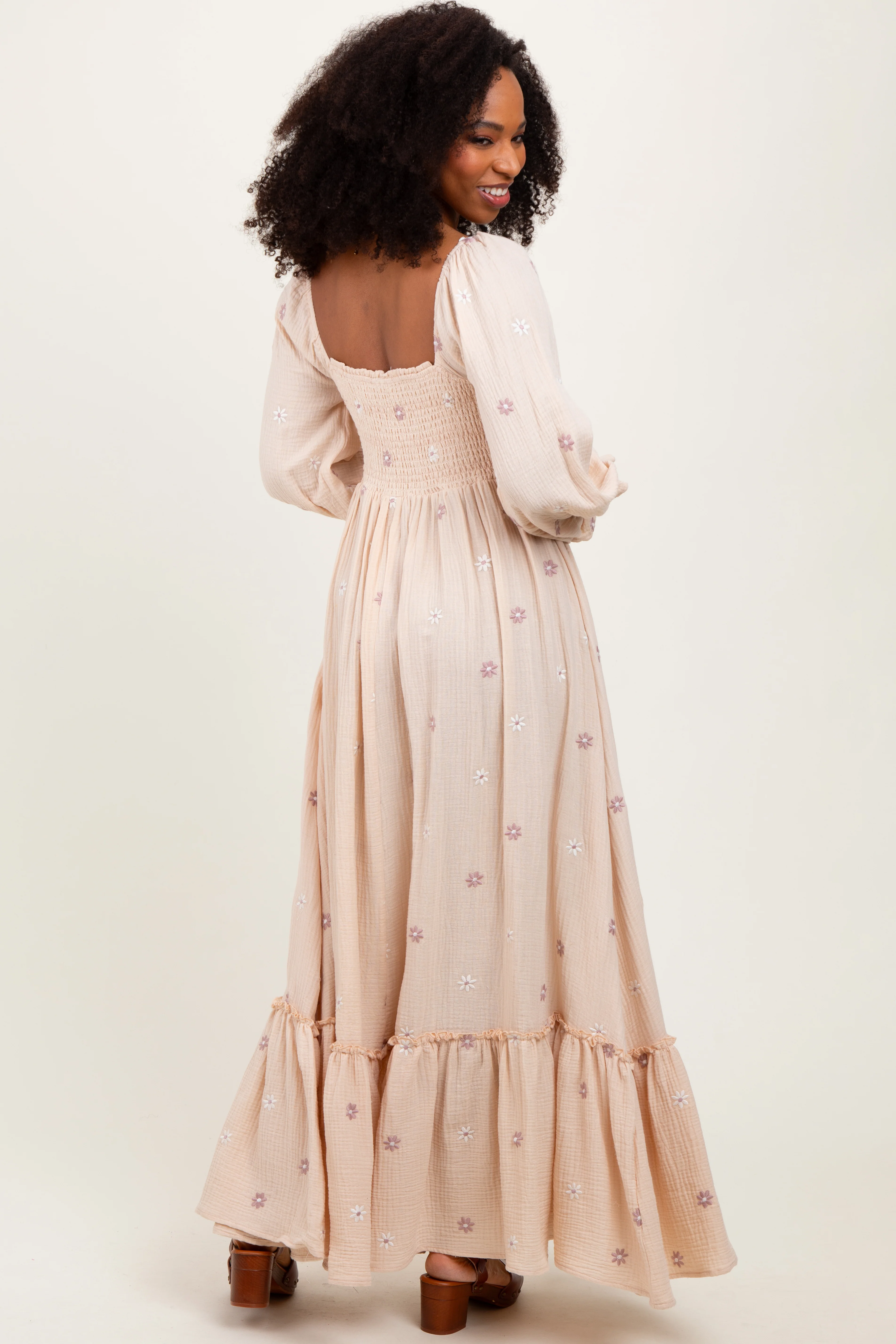 Cream Long Sleeve Floral Accent Dress - Image 3
