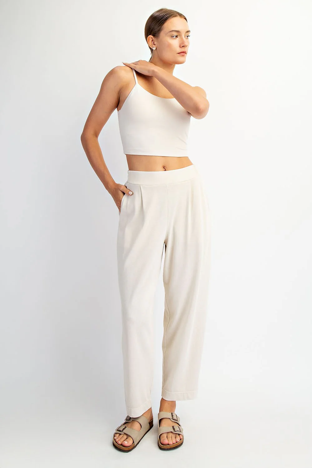 Cream Mineral Wash Pleated Maternity Lounge Pants - Image 5