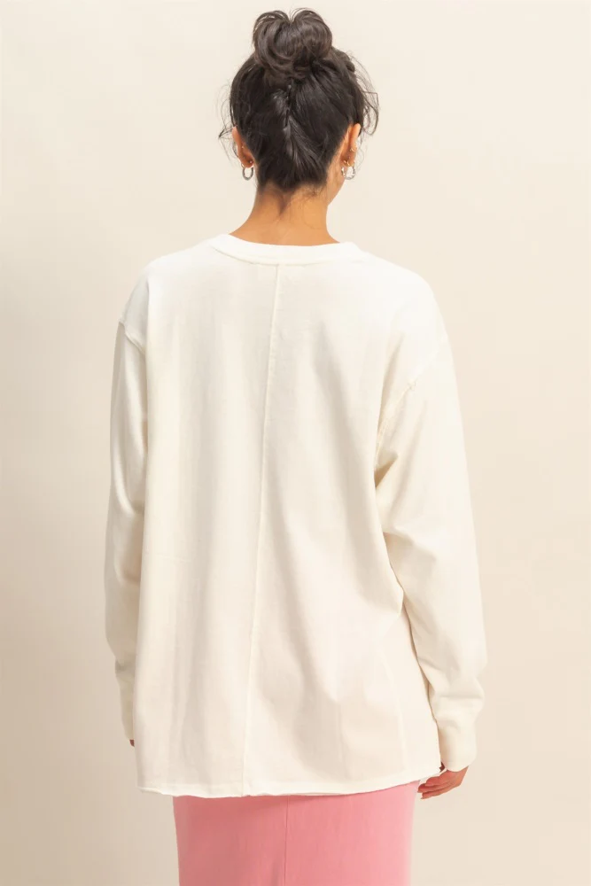Cream Mineral Washed Drop Shoulder Long Sleeve Top - Image 3