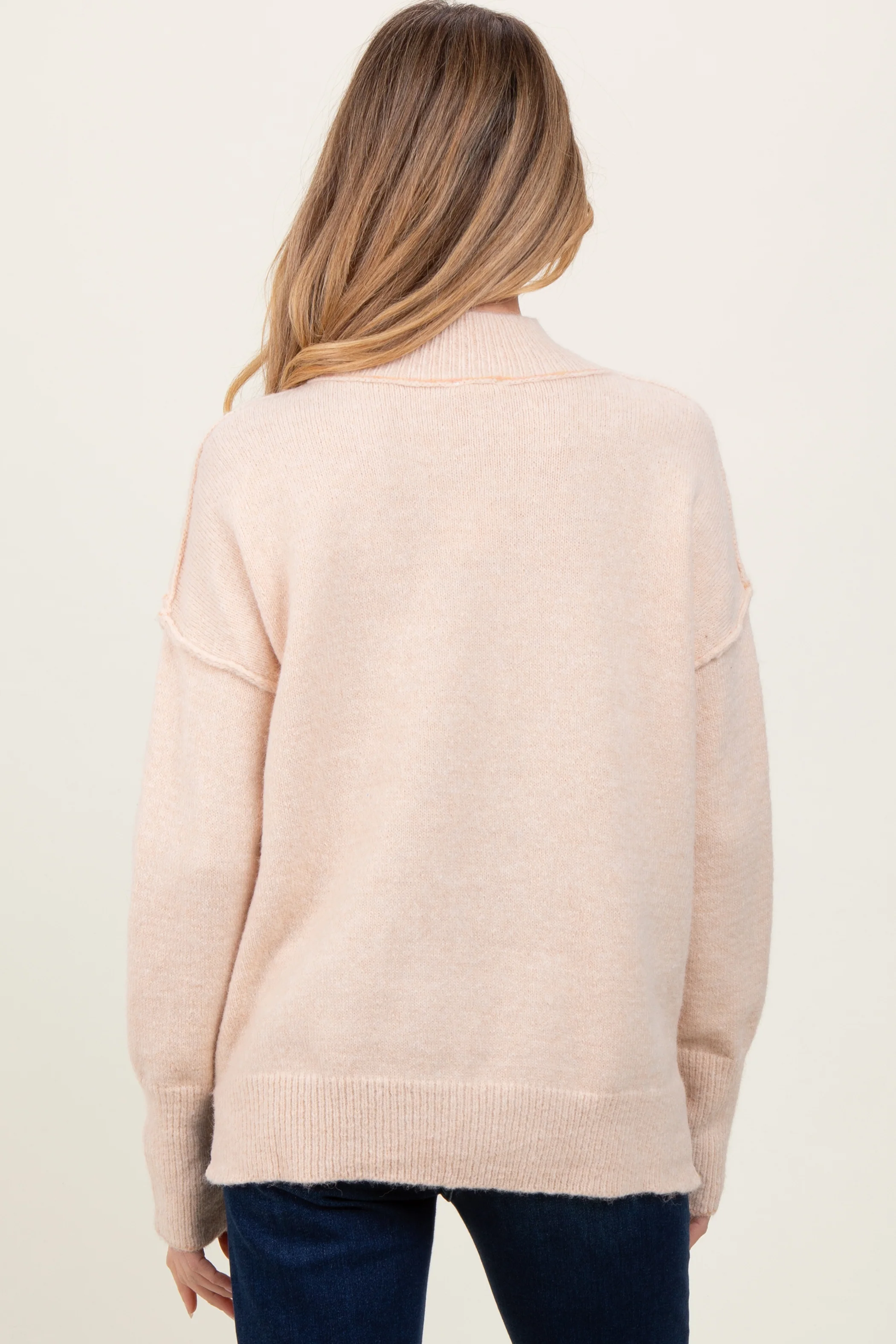 Cream Mock Neck Contrast Seam Maternity Sweater - Image 4