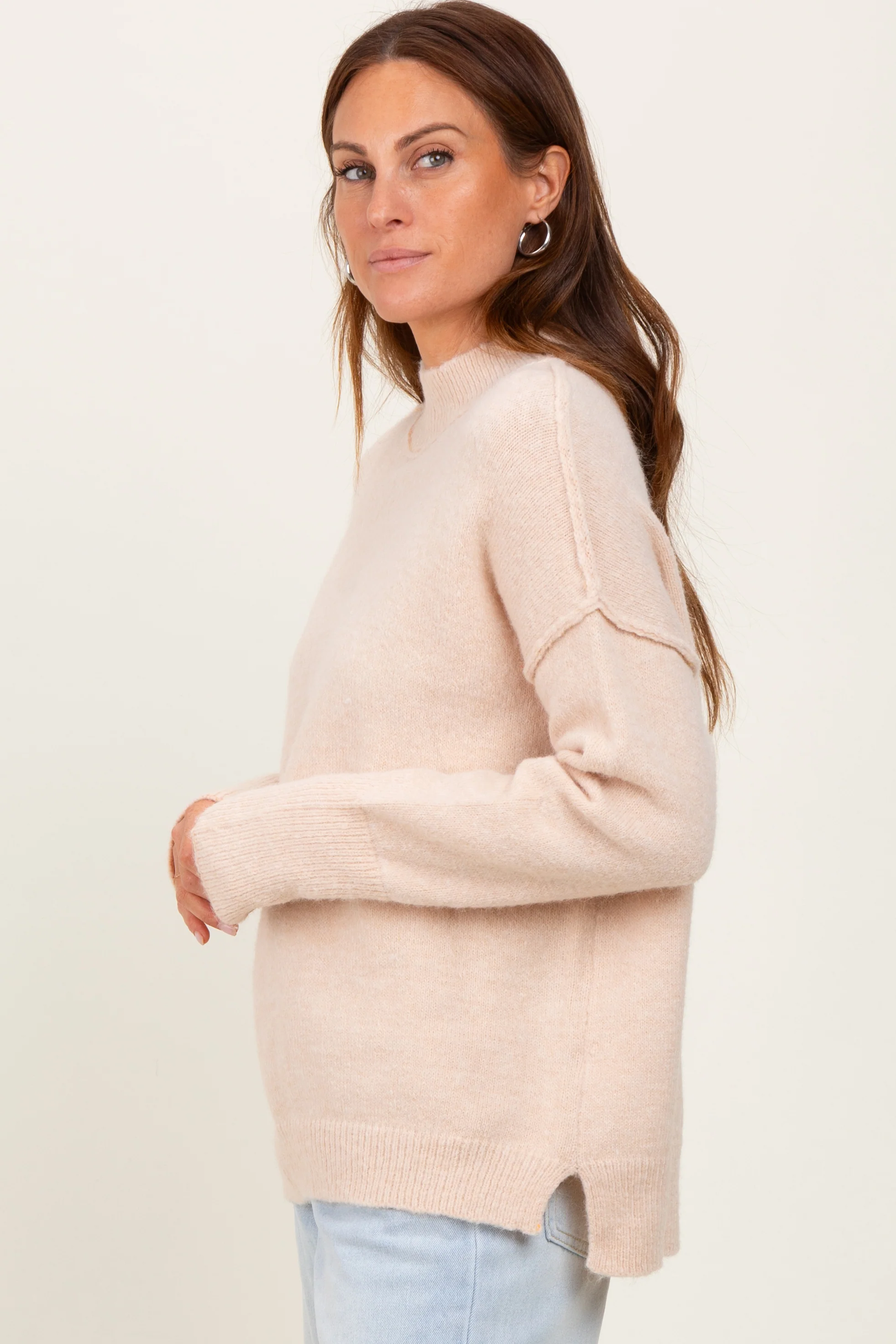 Cream Mock Neck Contrast Seam Sweater - Image 3