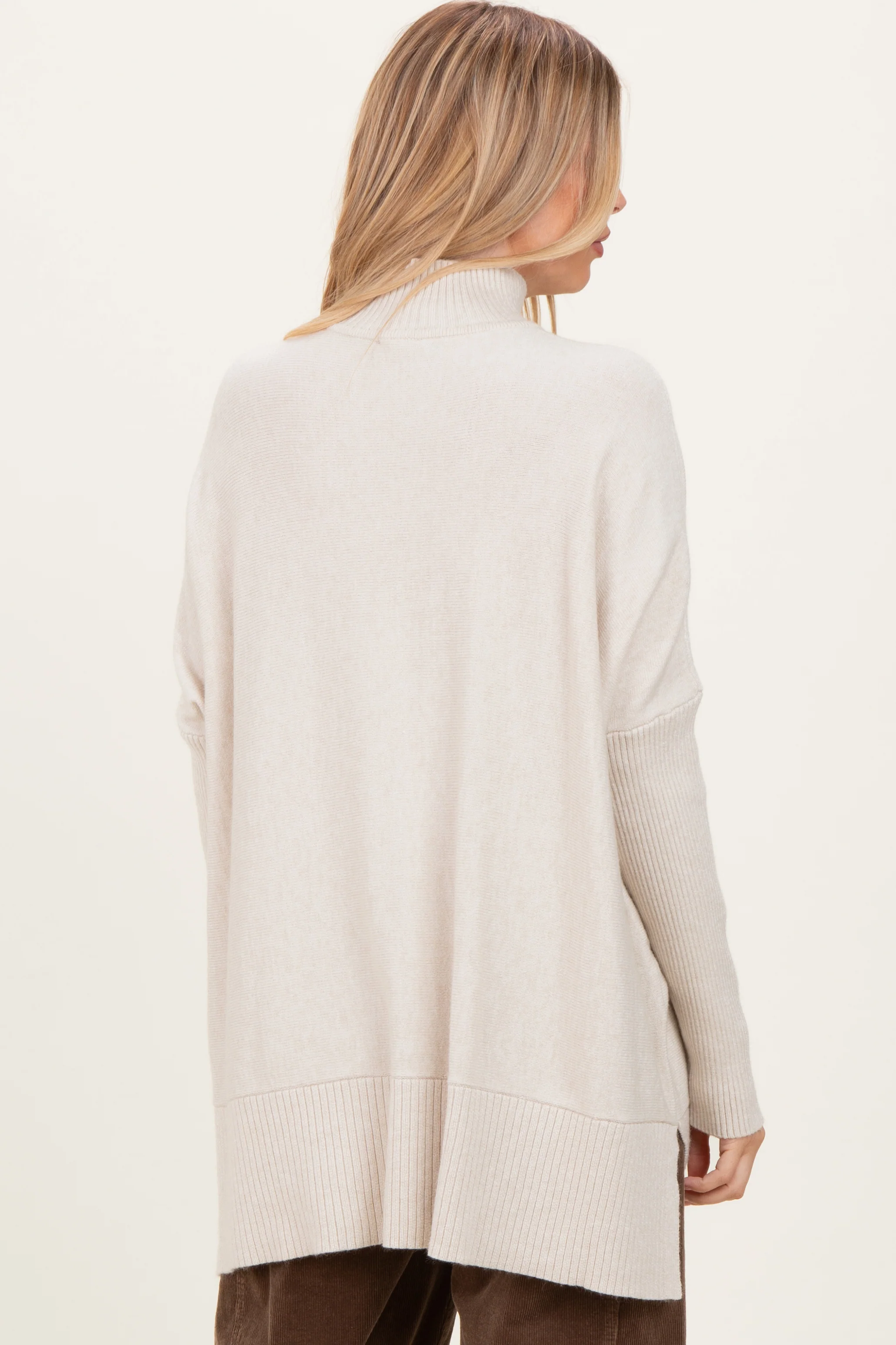 Cream Mock Neck Oversized Sir Slit Sweater Top - Image 4
