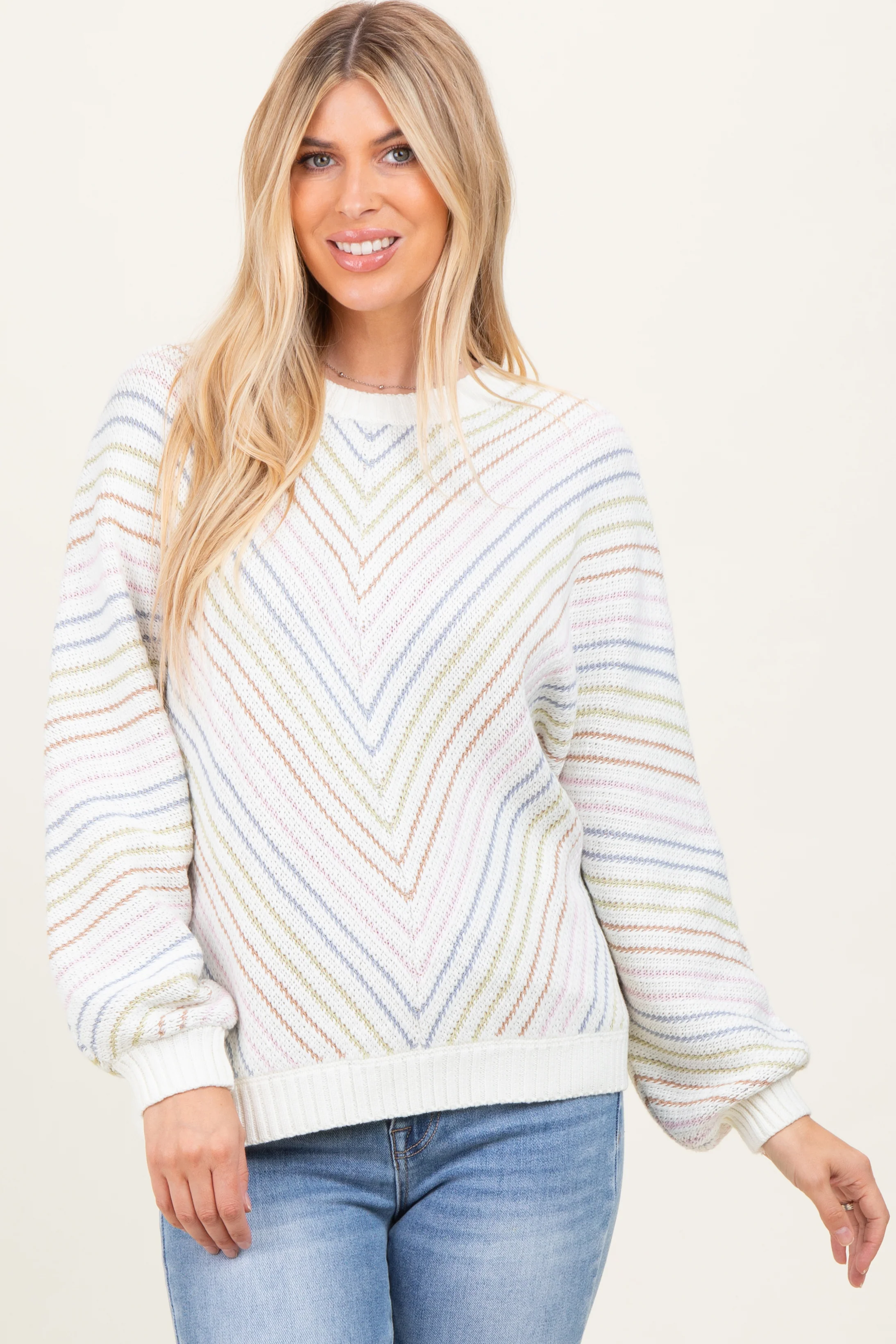 Cream Multi Crew Neck Striped Long Sleeve Maternity Sweater - Image 4