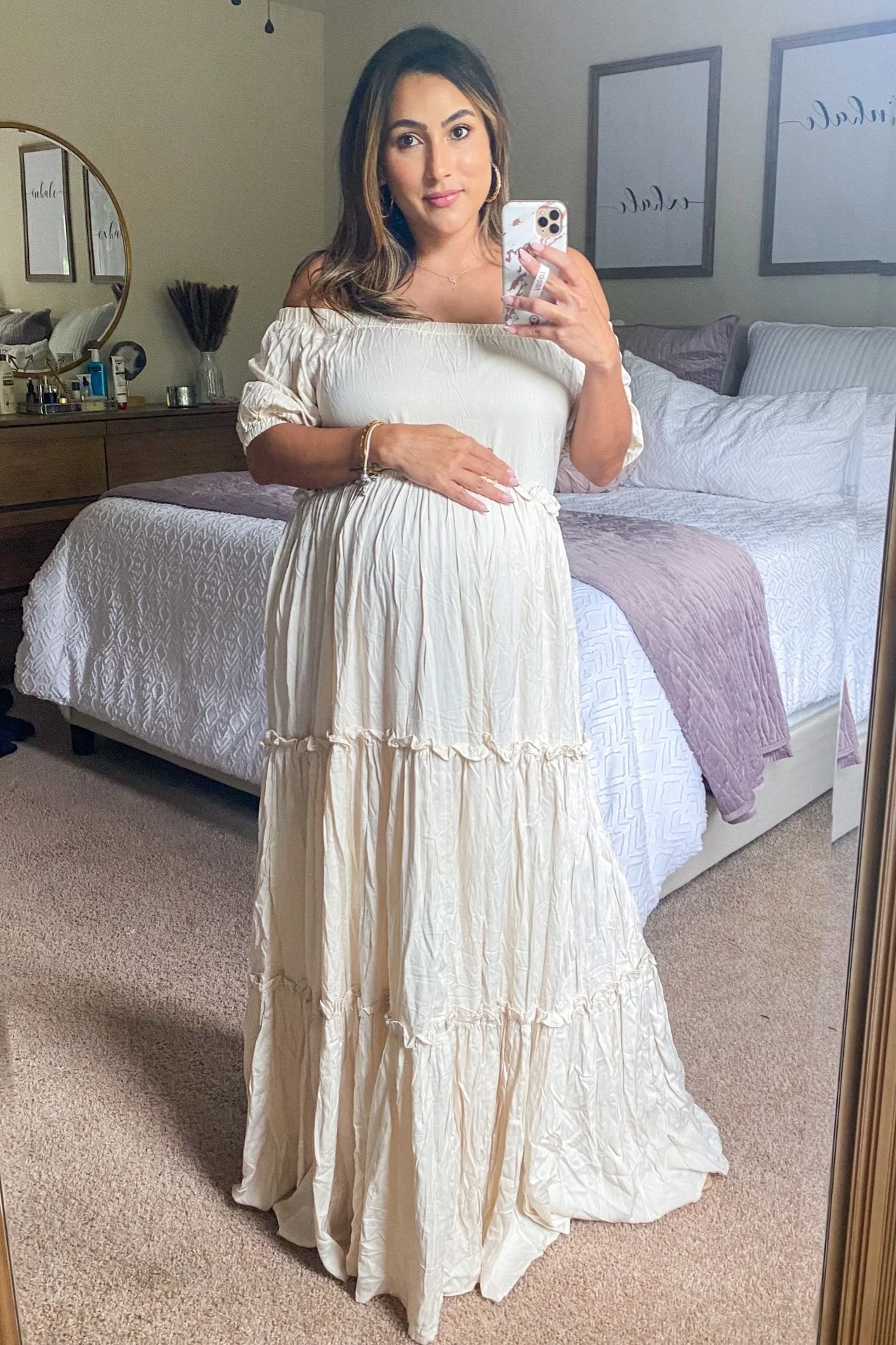 Cream Off Shoulder Ruffle Tiered Maternity Maxi Dress - Image 16