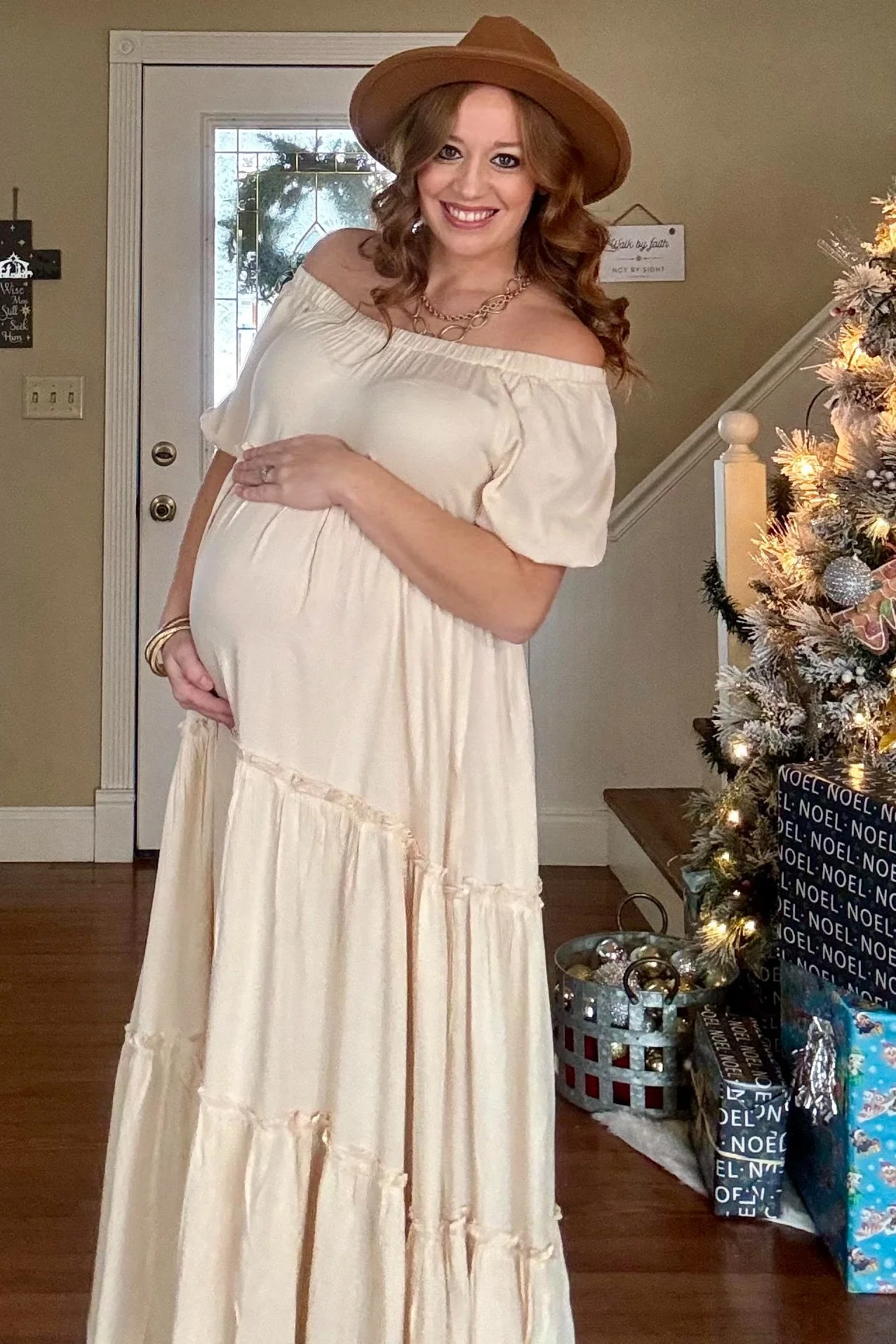 Cream Off Shoulder Ruffle Tiered Maternity Maxi Dress - Image 26