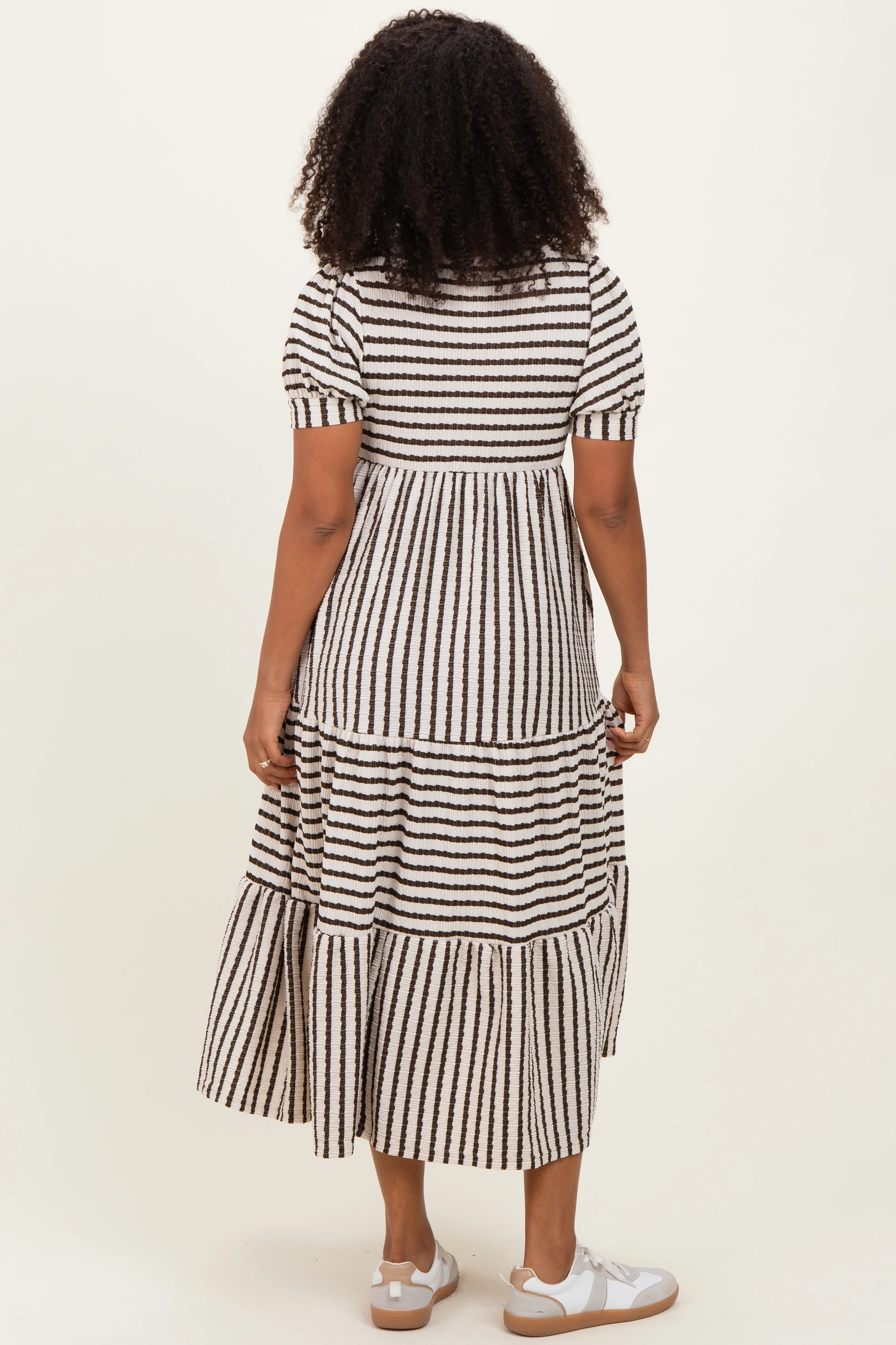 Cream/Olive Striped Short Sleeve Tiered Maxi Dress - Image 4