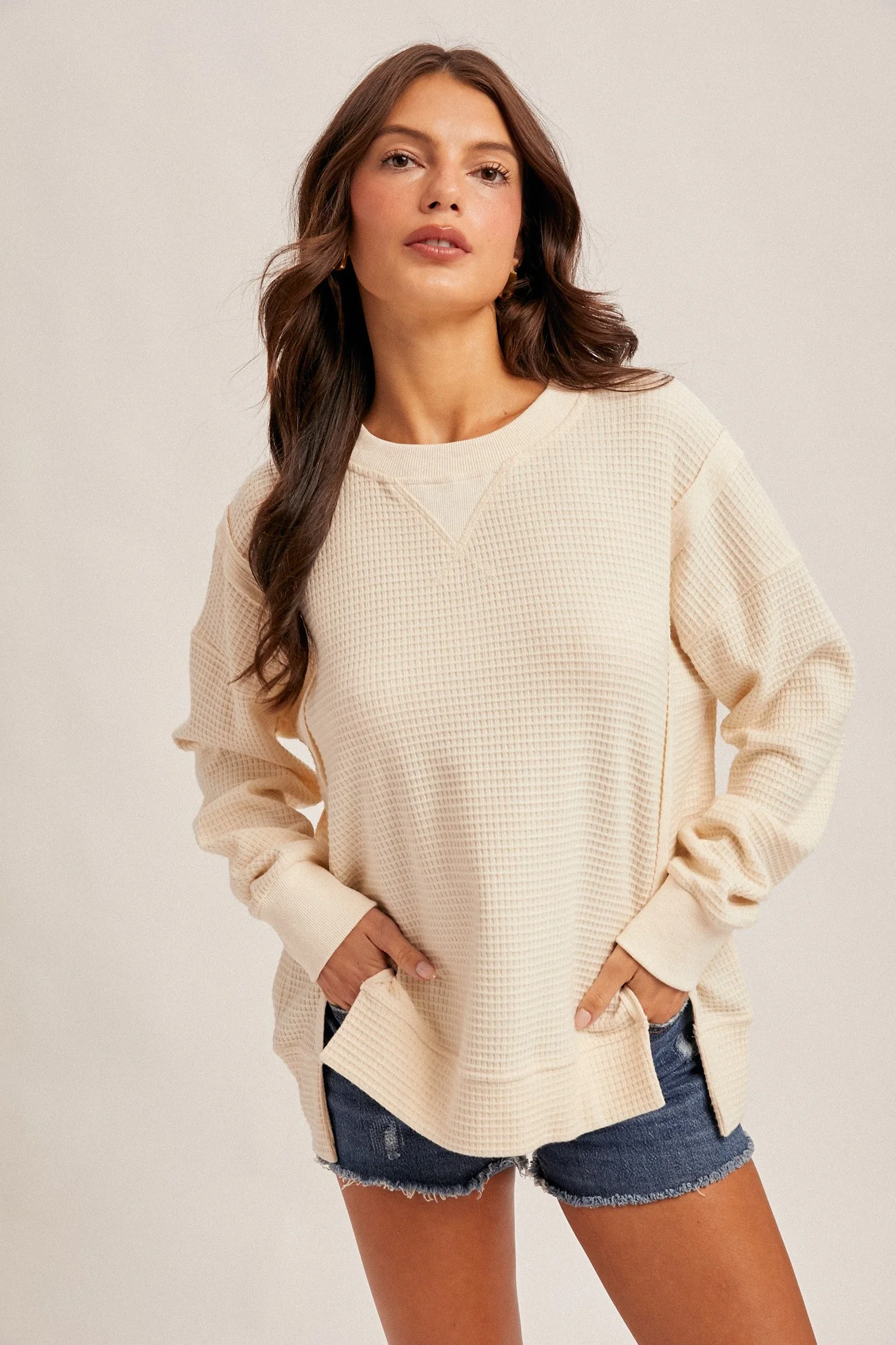 Cream Oversized Contrast Trim Maternity Thermal Pullover - Image 4