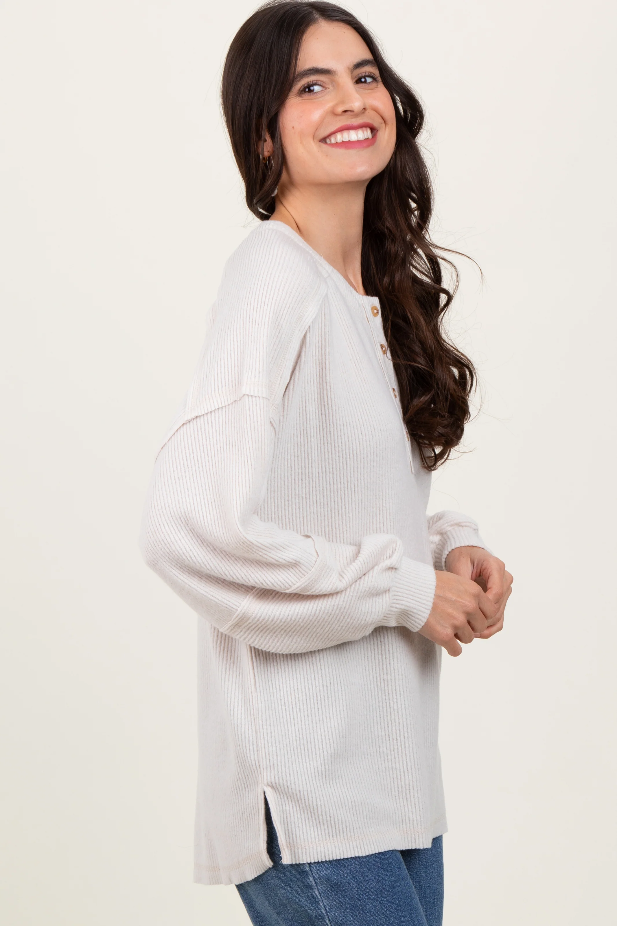 Cream Oversized Ribbed Knit Henley Sweater - Image 3