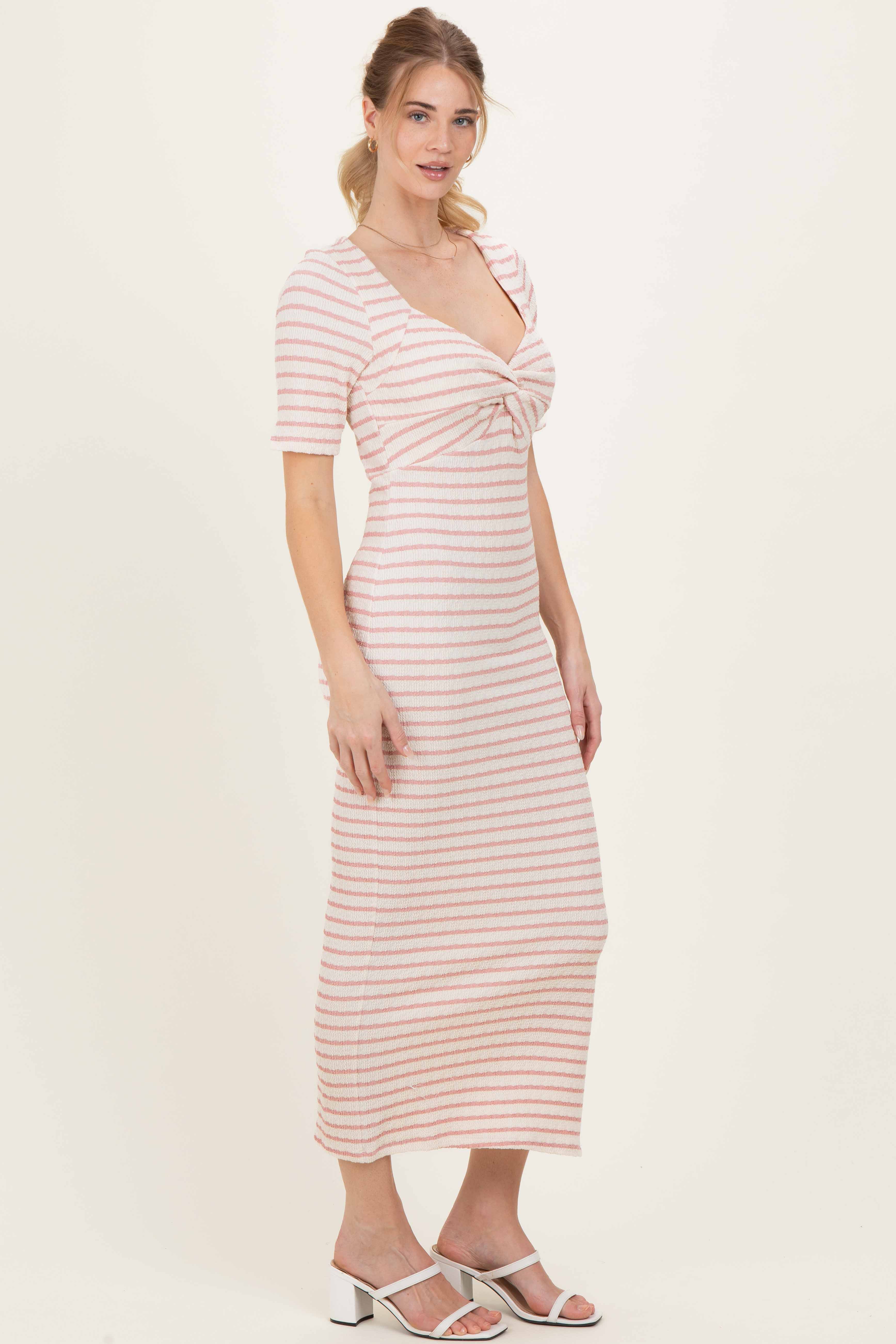 Cream/ Pink Striped Knit Short Sleeve Maxi Dress - Image 3