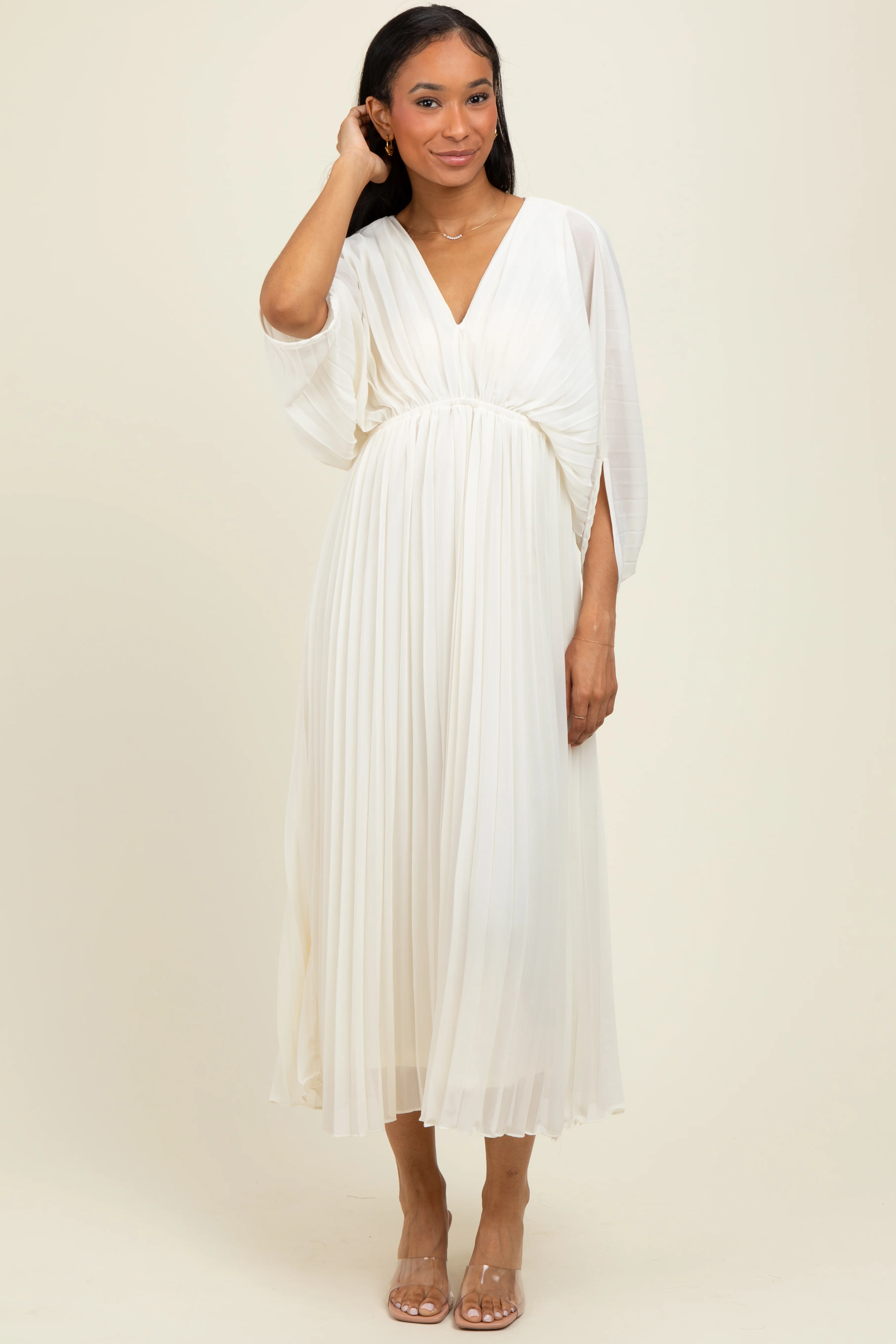 Cream Pleated V Neck Maxi Dress - Image 2