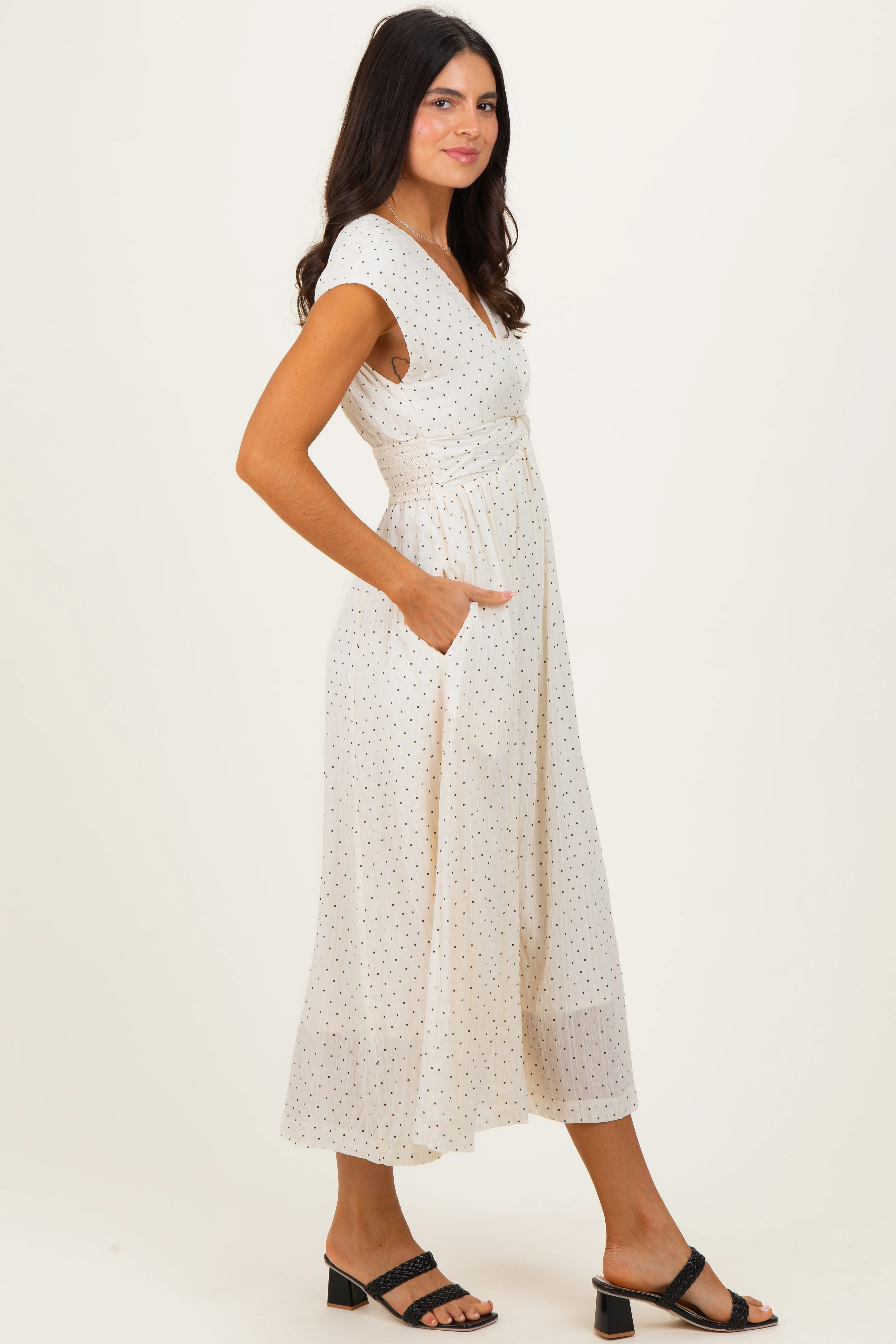 Cream Polka Dot Twisted Detail V Neck Maxi Dress - Image 2